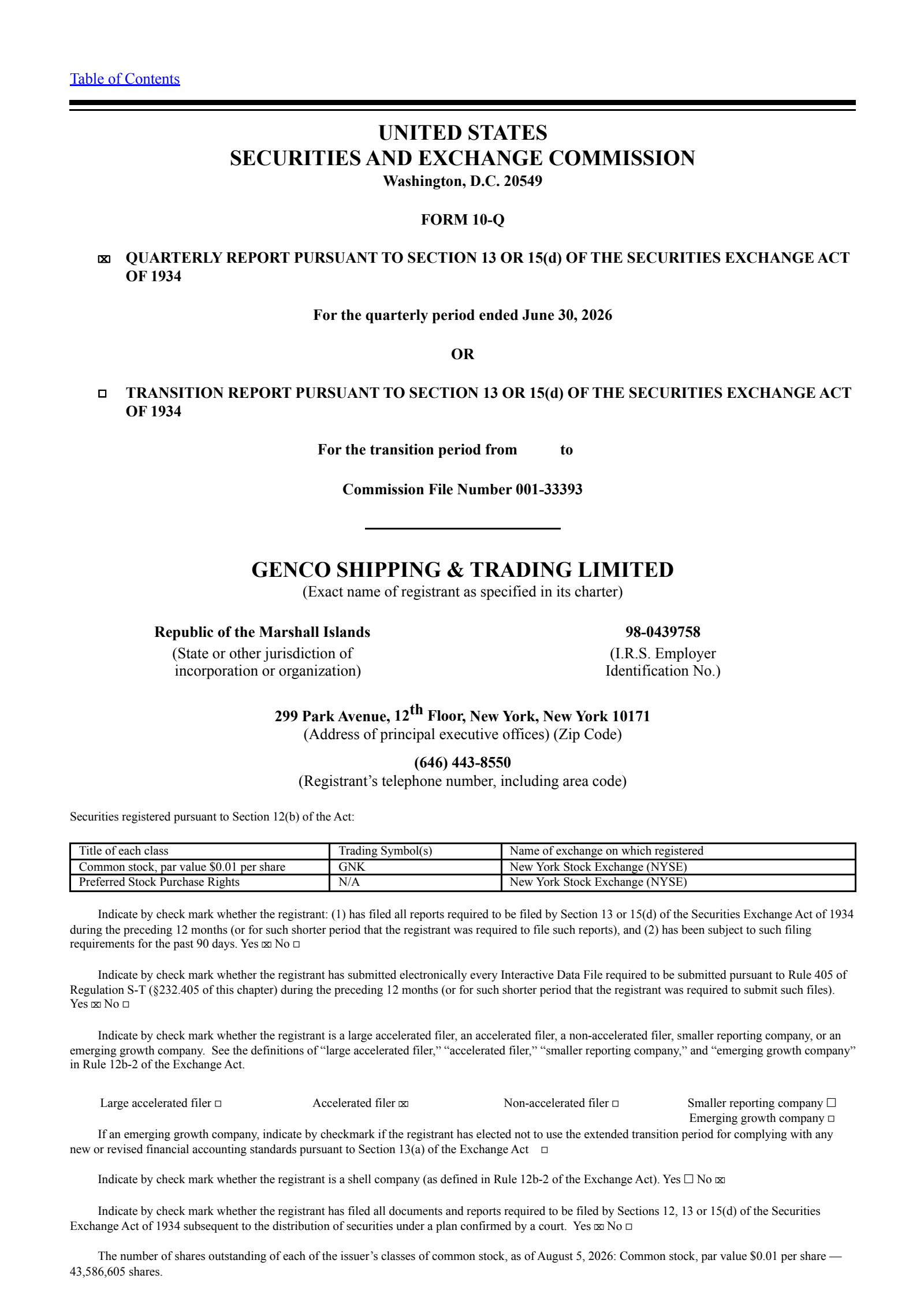 Genco Shipping & Trading's Q2 2026 Quarterly report