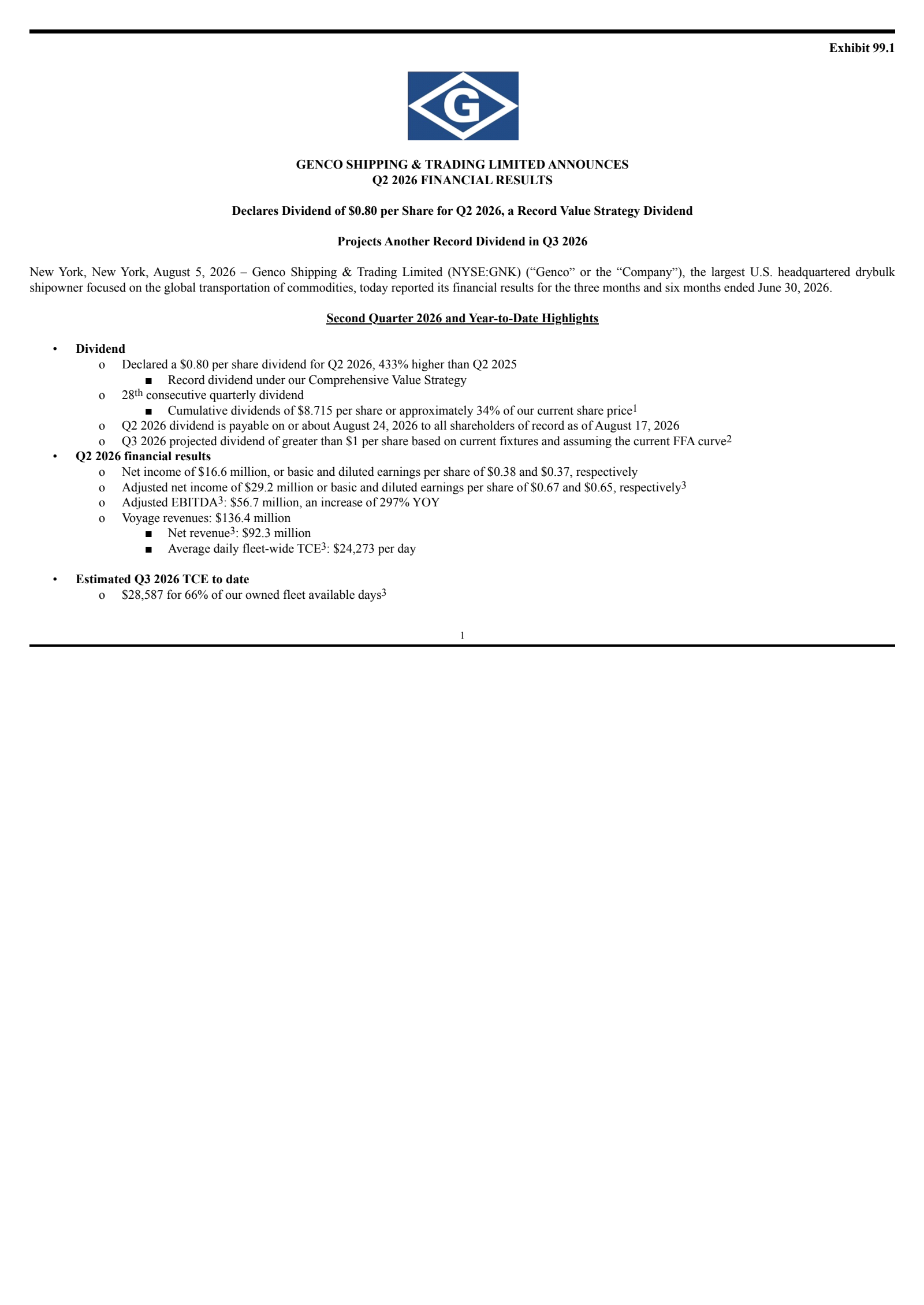 Genco Shipping & Trading's Q2 2026 Press Release