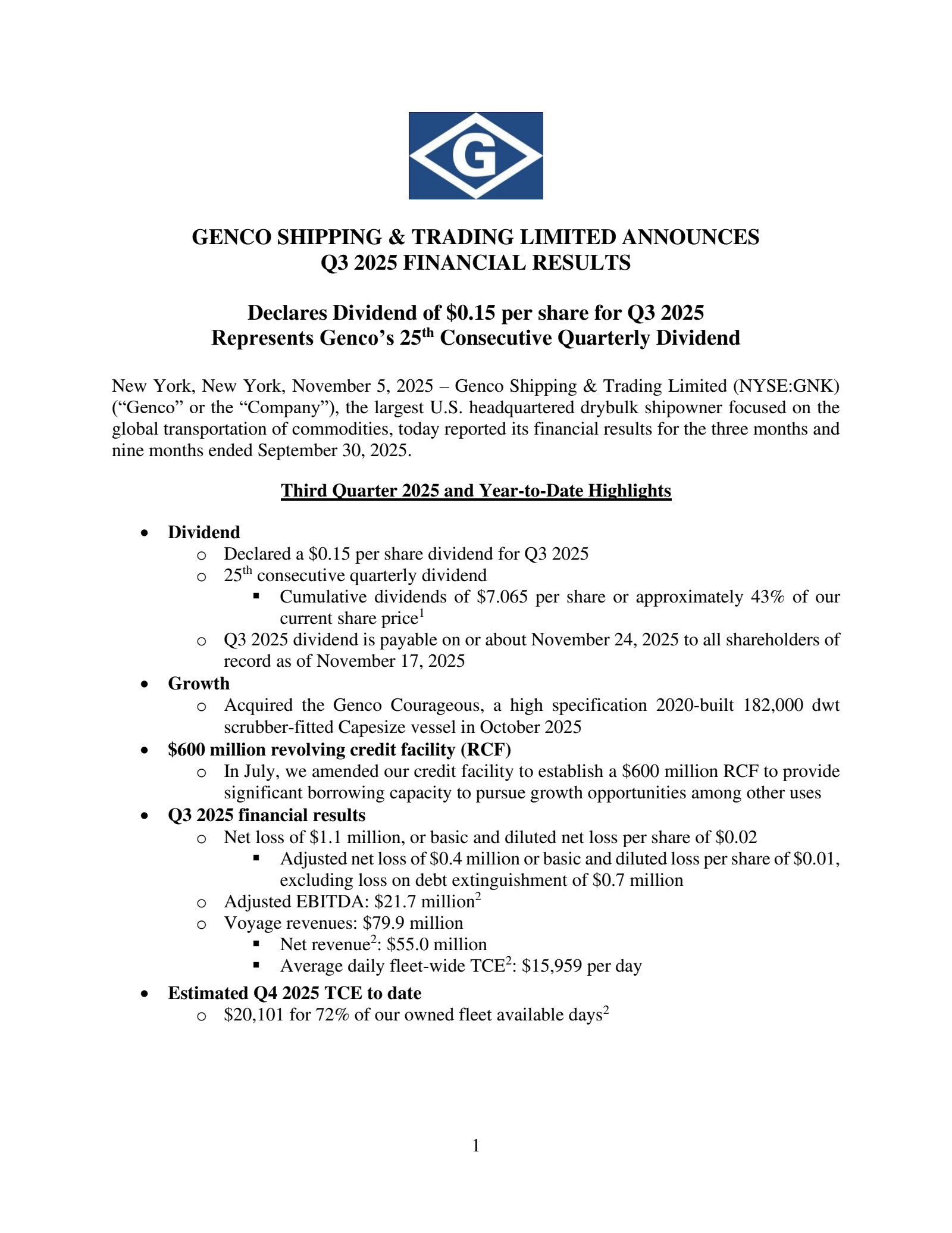 Genco Shipping & Trading's Q3 2025 Earnings Release
