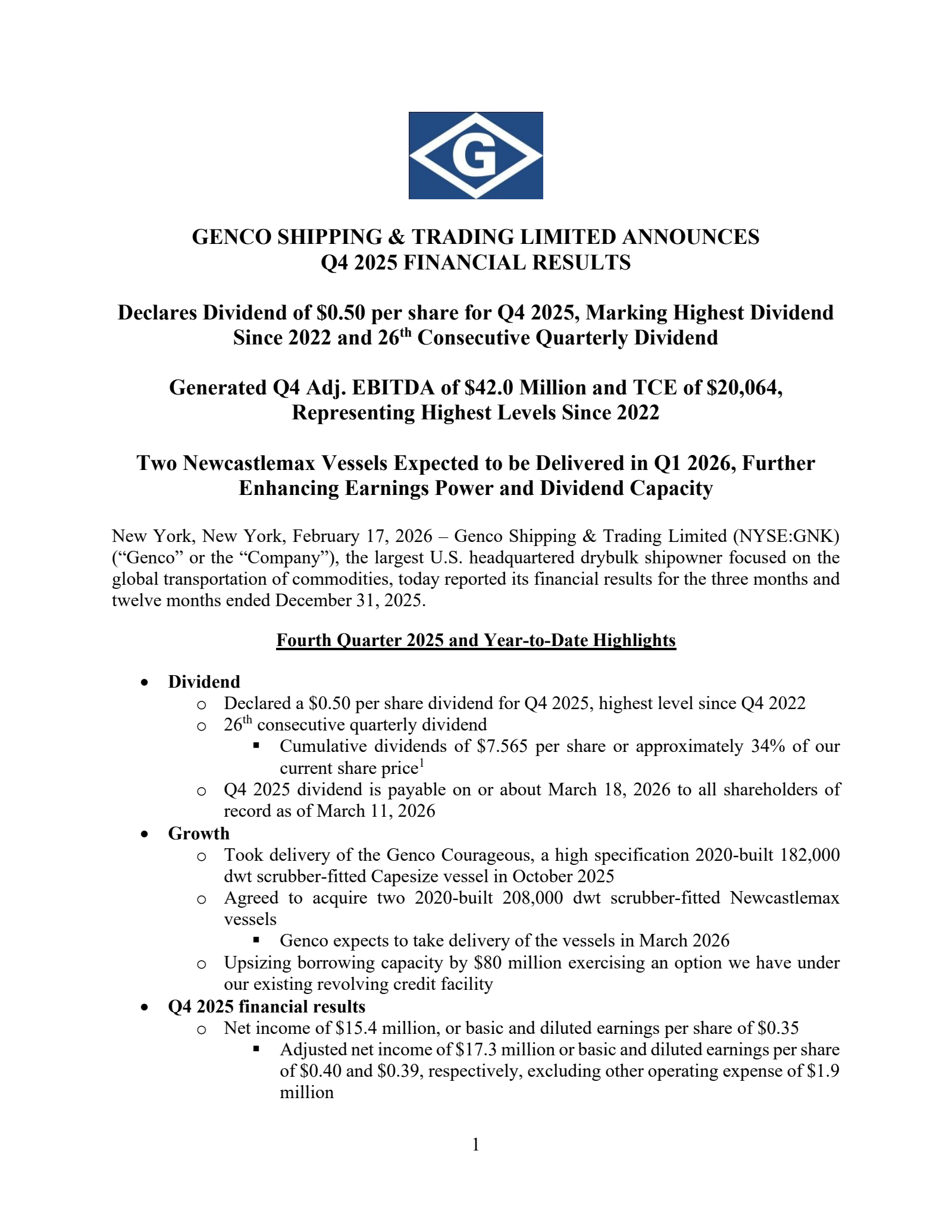 Genco Shipping & Trading's Q4 2025 Press Release