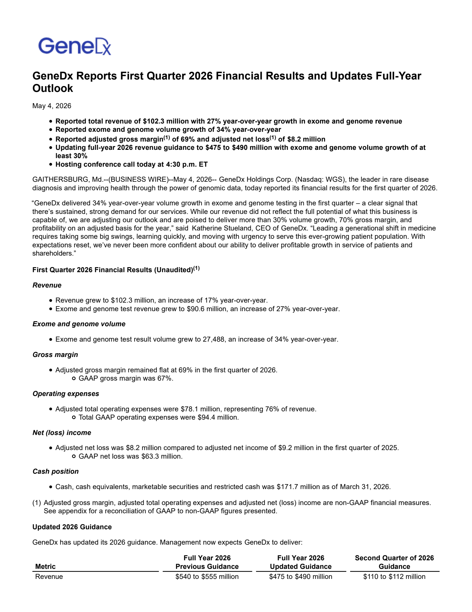 GeneDx's Q1 2026 Press Release