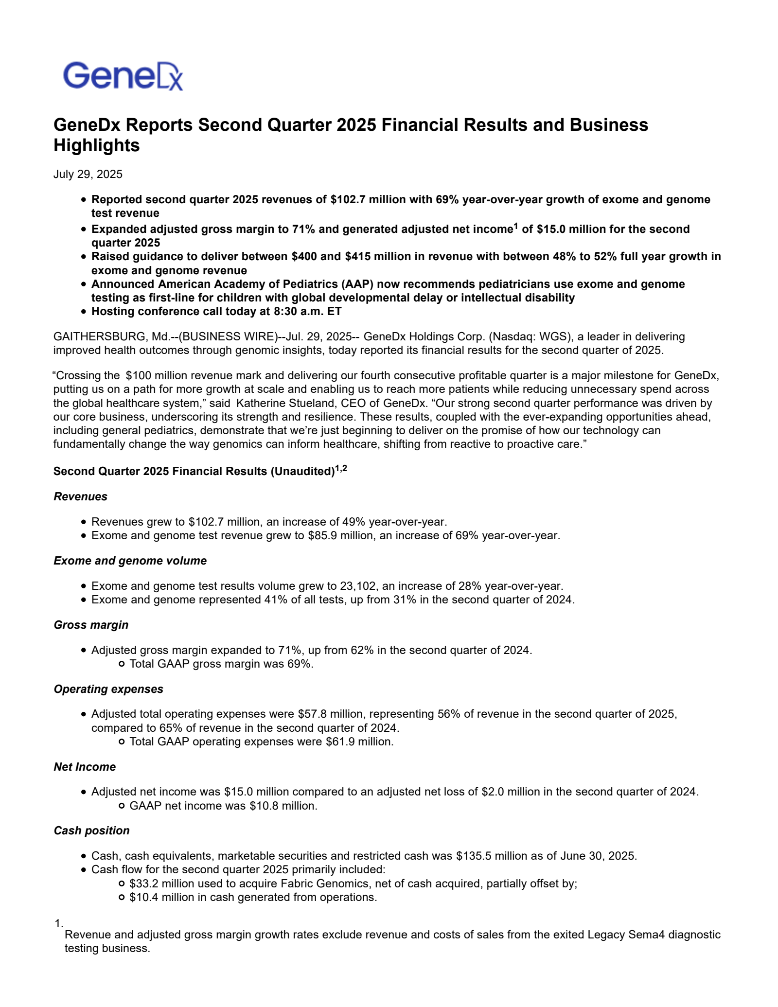 GeneDx's Q2 2025 Press Release