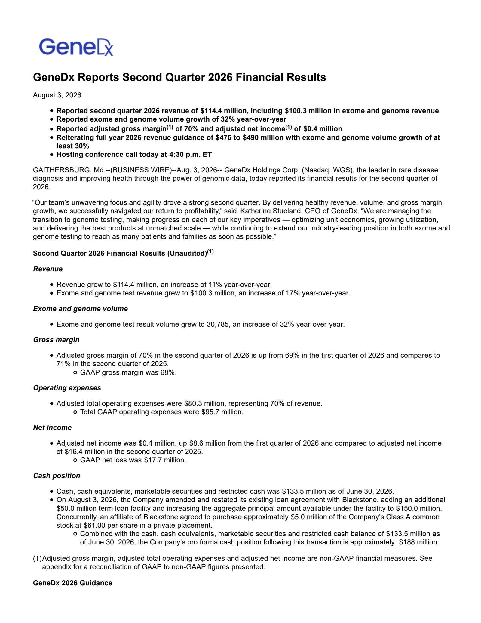 GeneDx's Q2 2026 Press Release