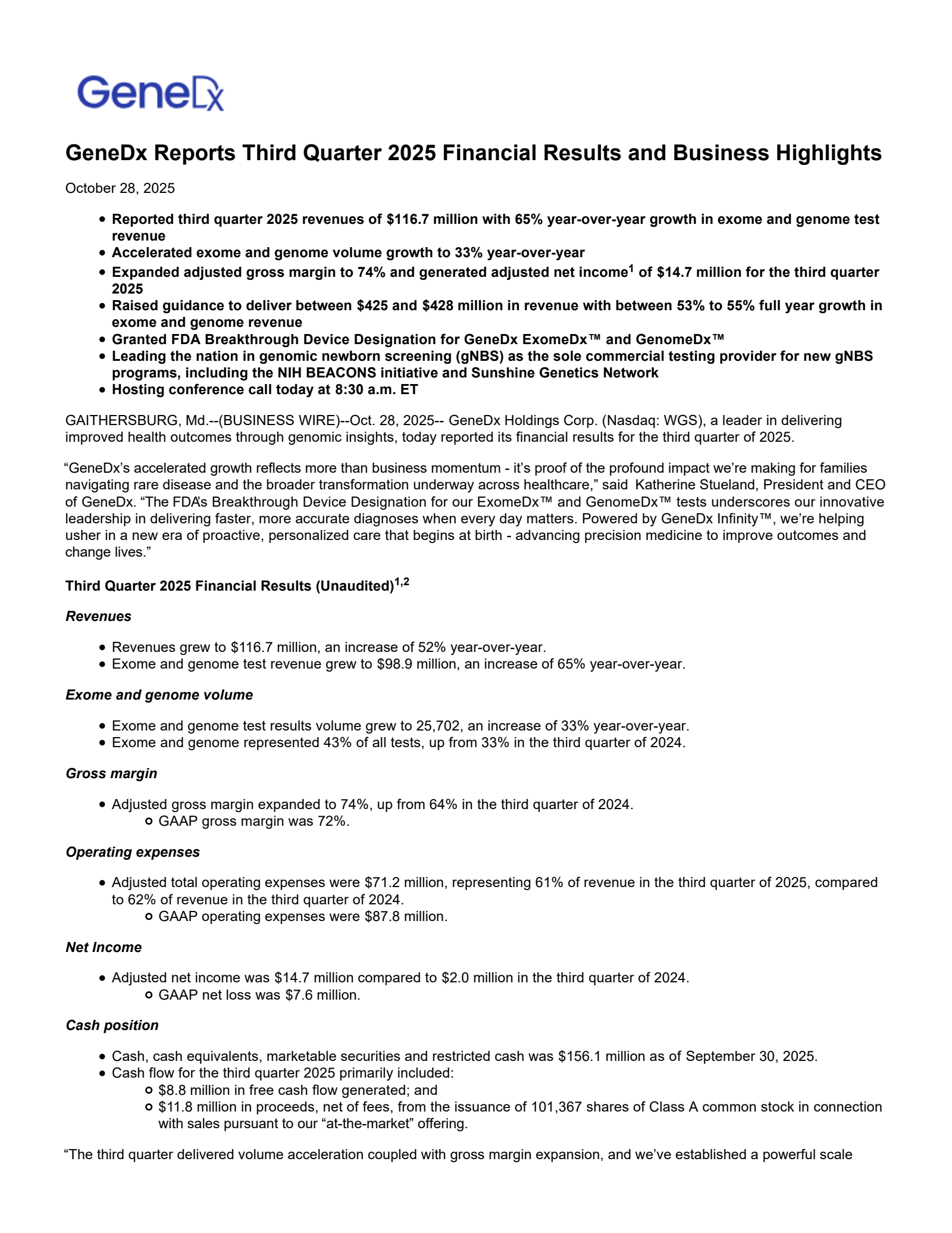 GeneDx's Q3 2025 Earnings Release