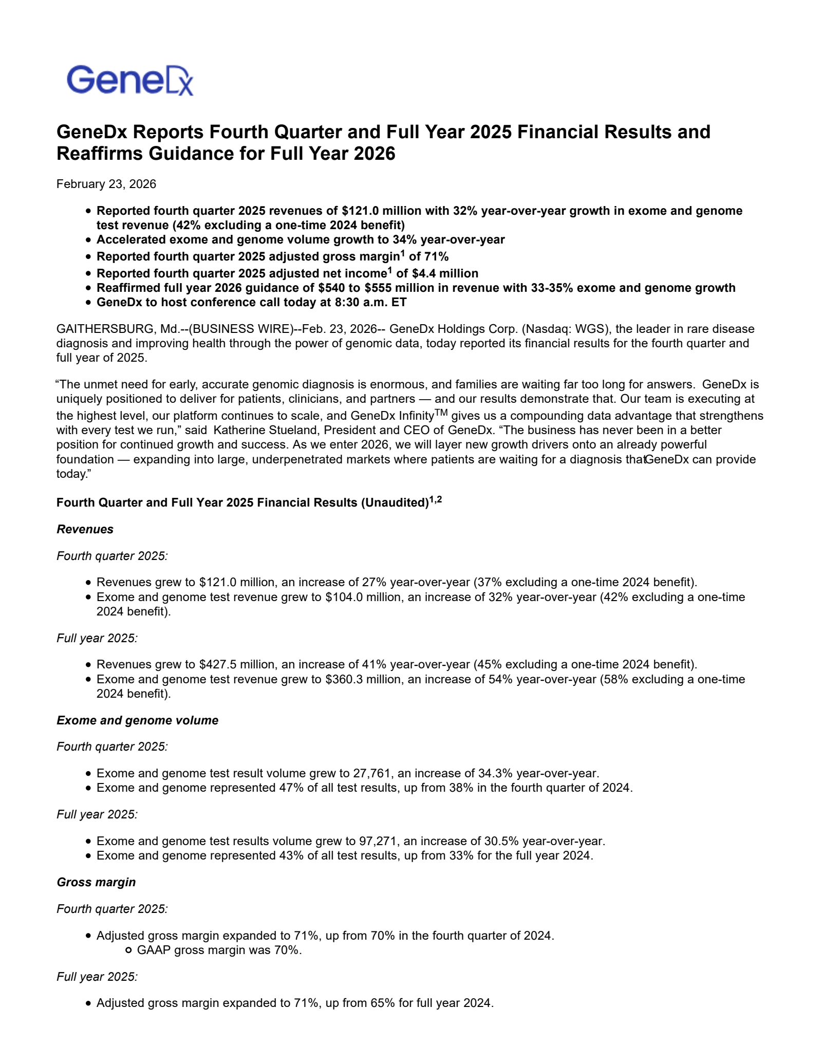GeneDx's Q4 2025 Press Release