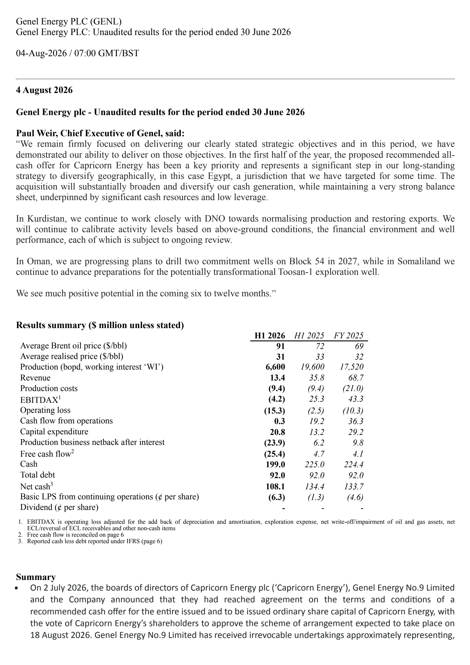 Genel Energy's H1 2026 Interim report