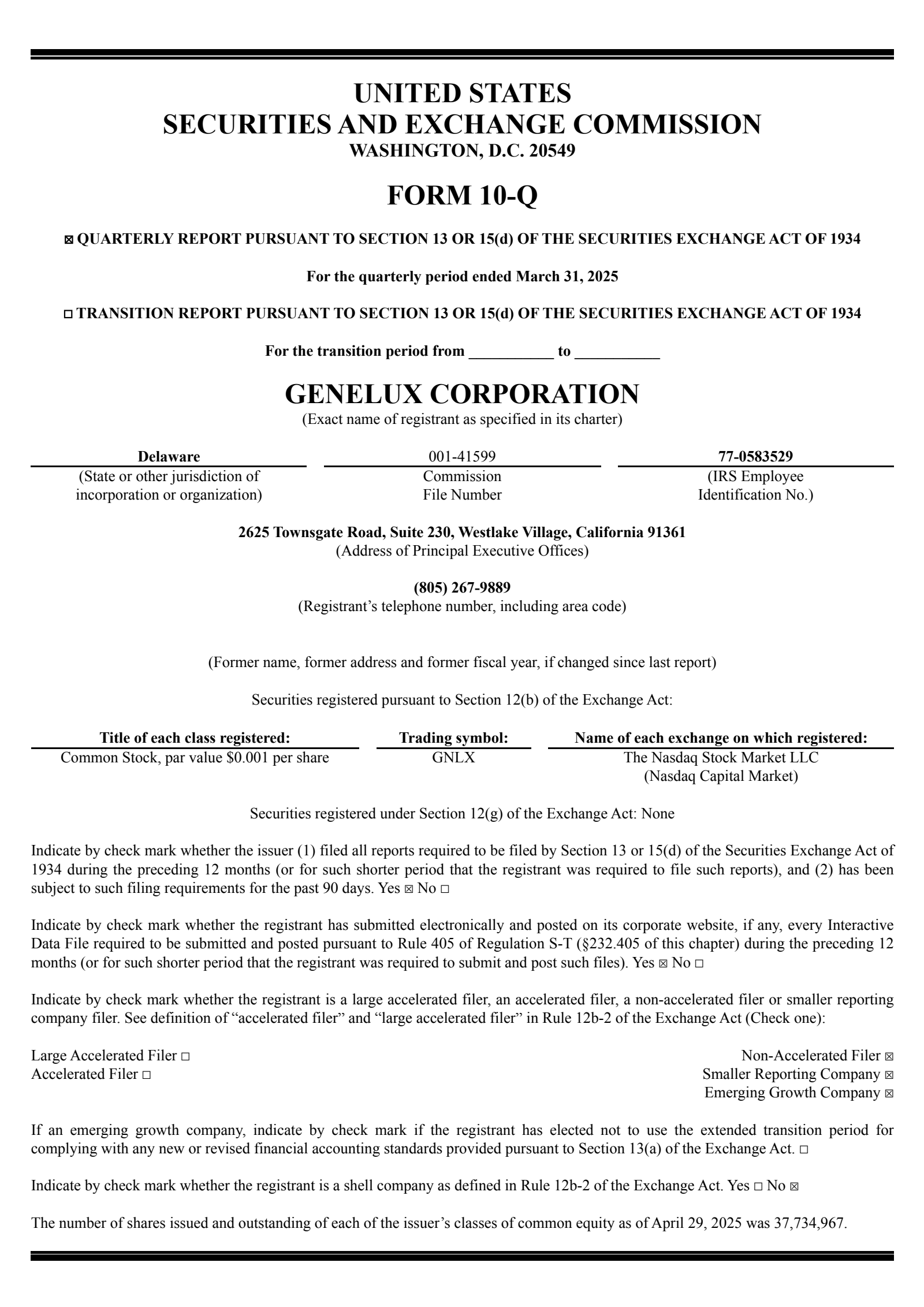 Genelux's Q1 2025 Quarterly report