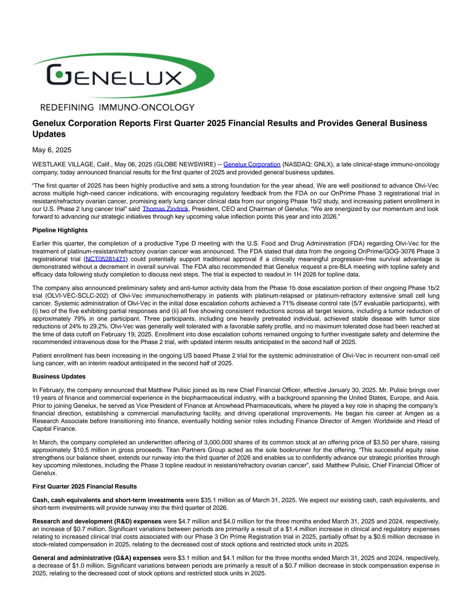 Genelux's Q1 2025 Press Release