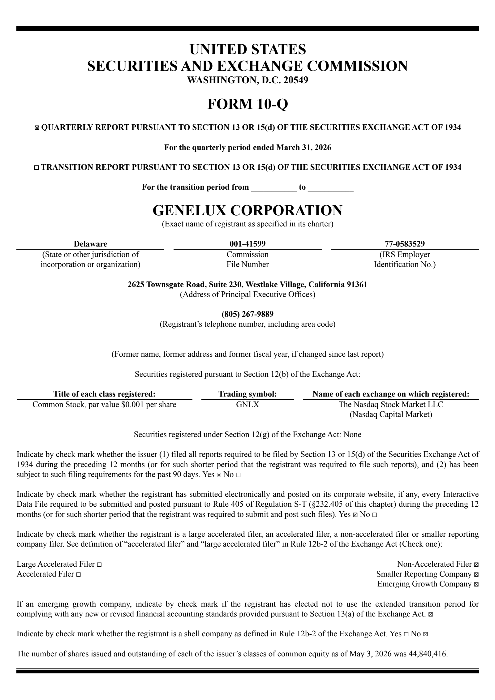 Genelux's Q1 2026 Quarterly report