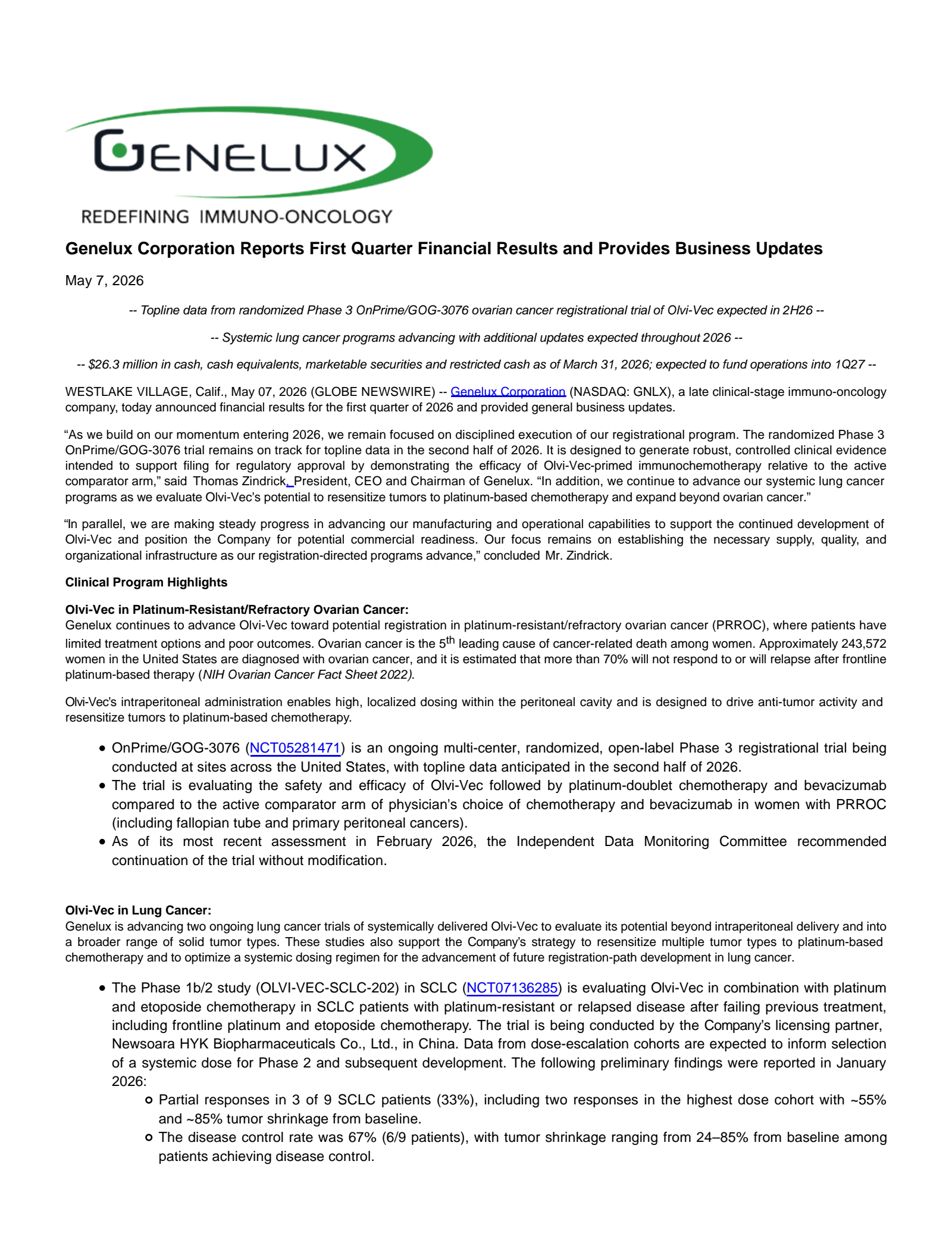 Genelux's Q1 2026 Press Release