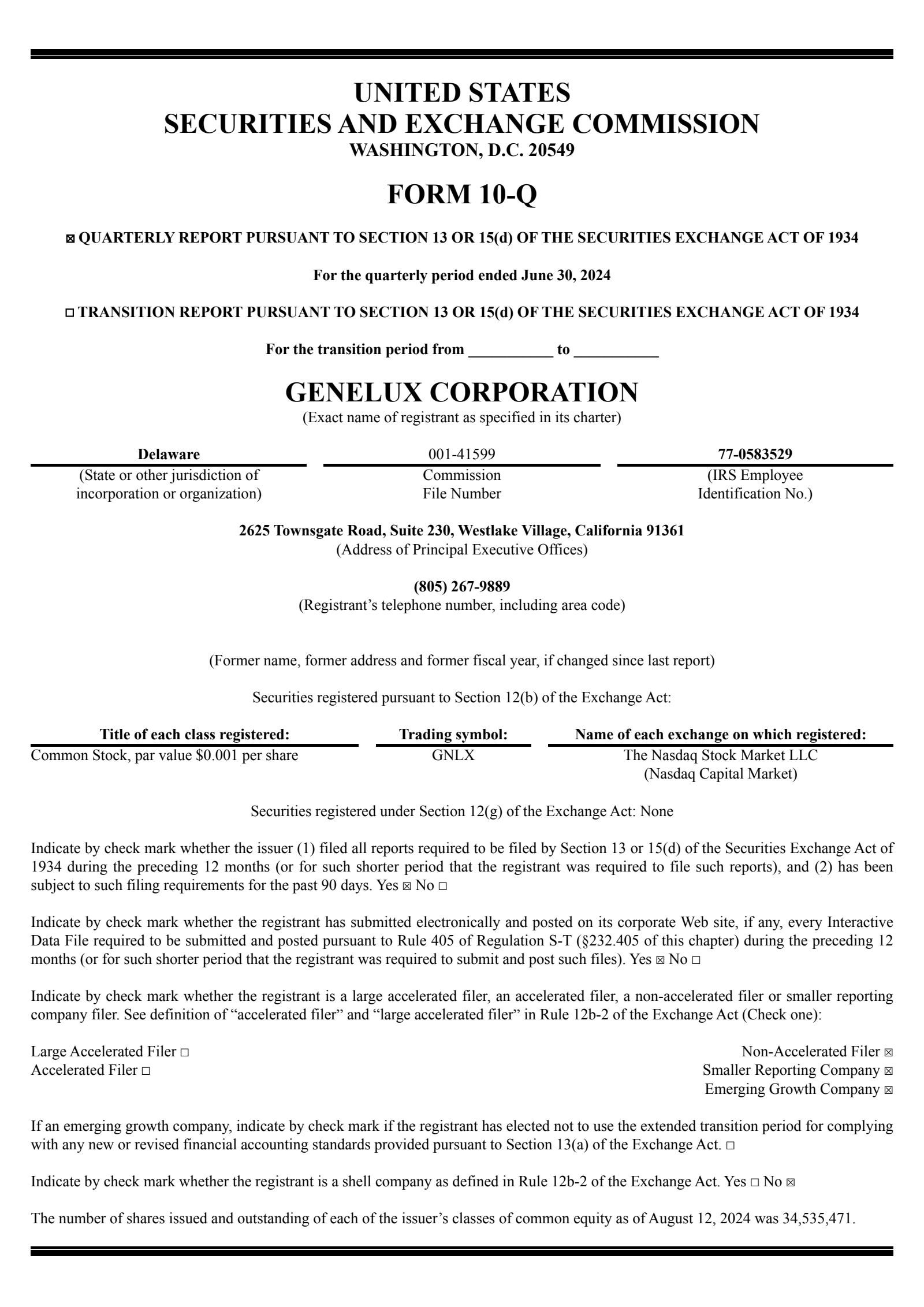 Genelux's Q2 2024 Quarterly report