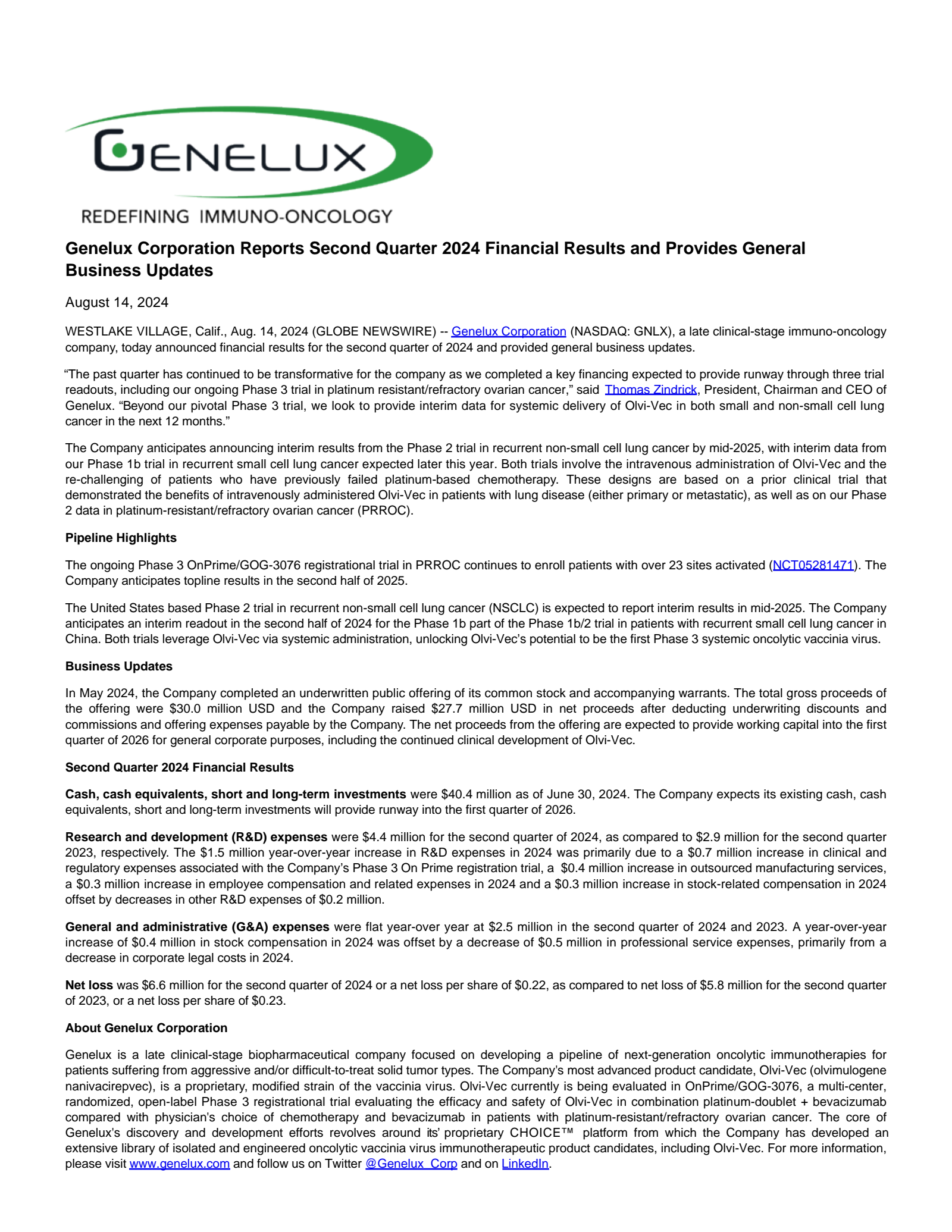 Genelux's Q2 2024 Press Release