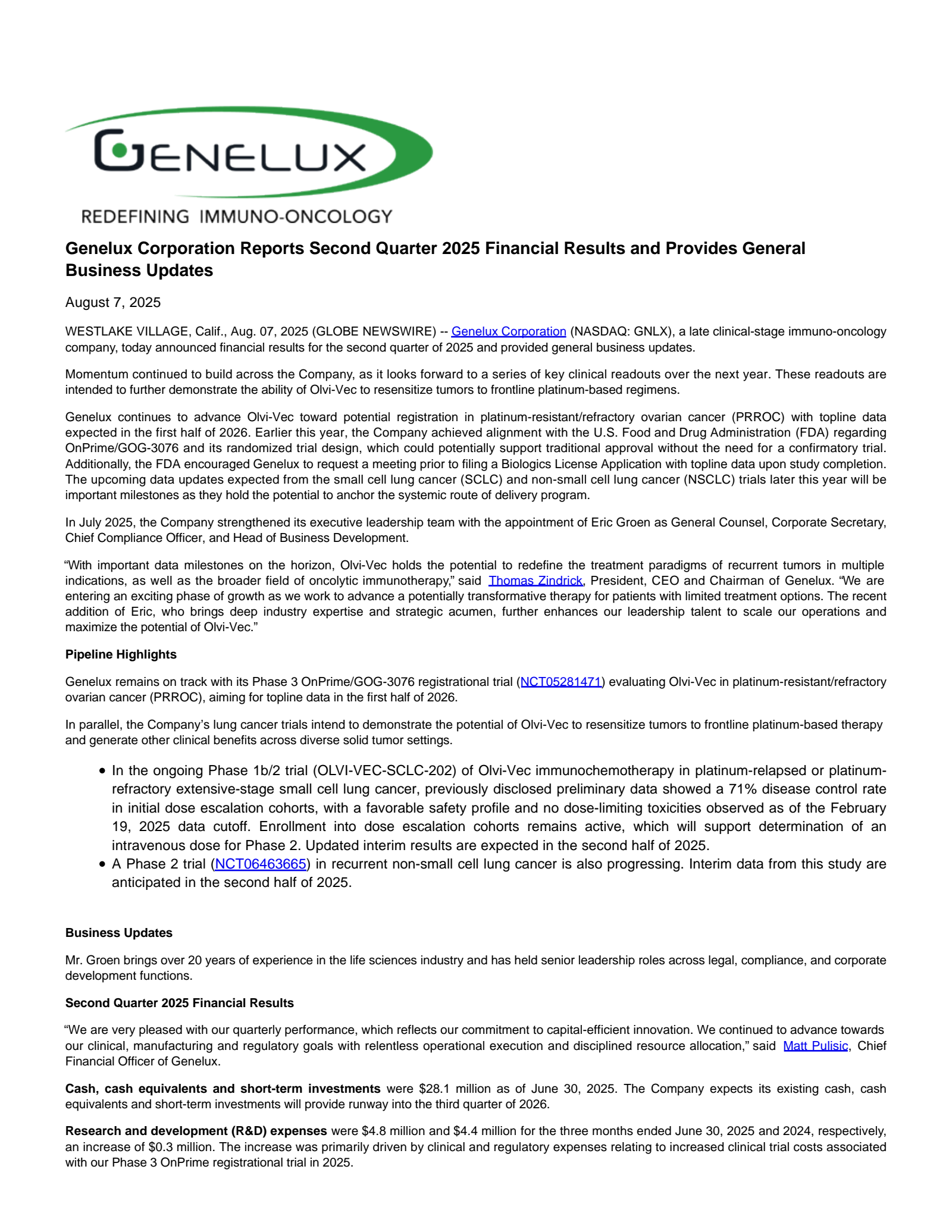 Genelux's Q2 2025 Press Release
