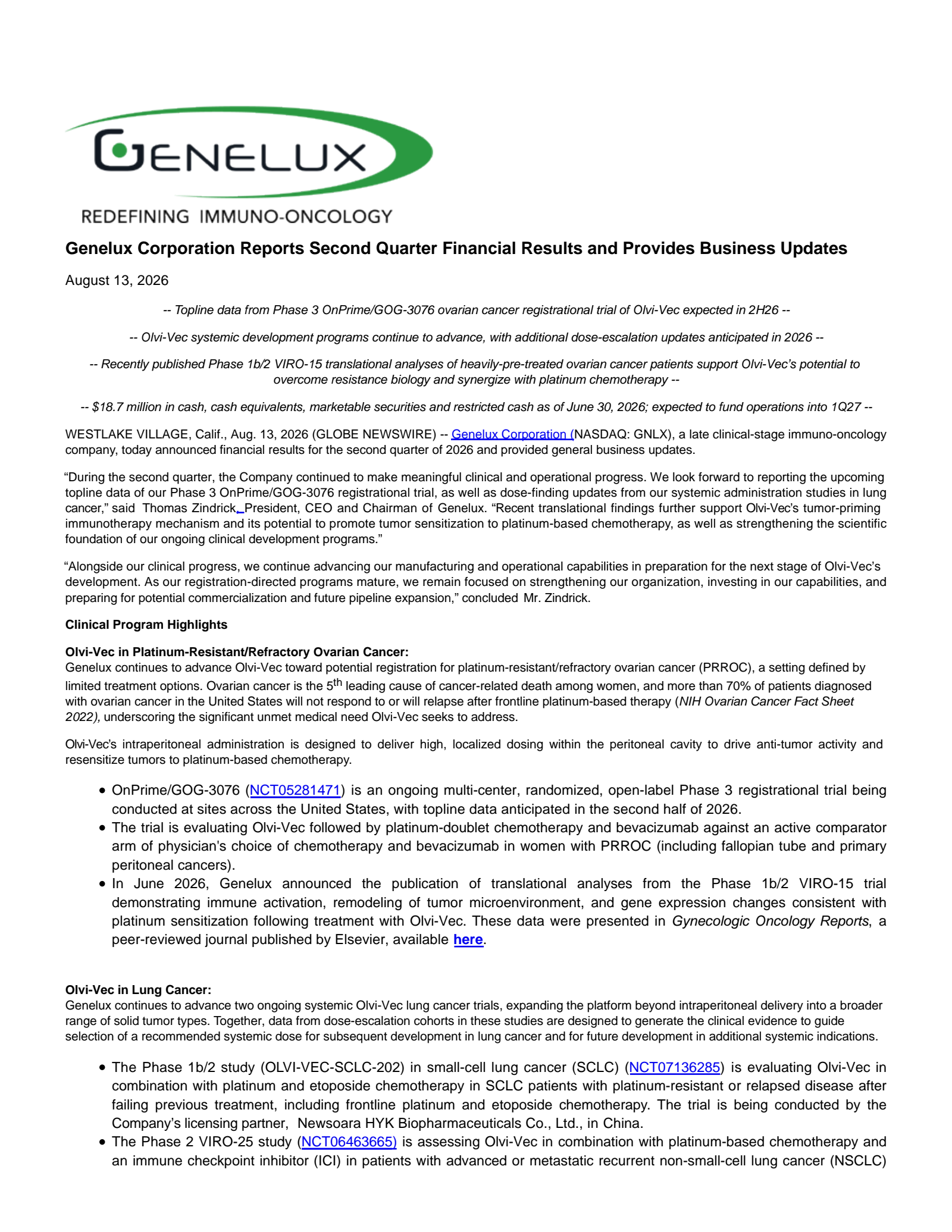 Genelux's Q2 2026 Press Release