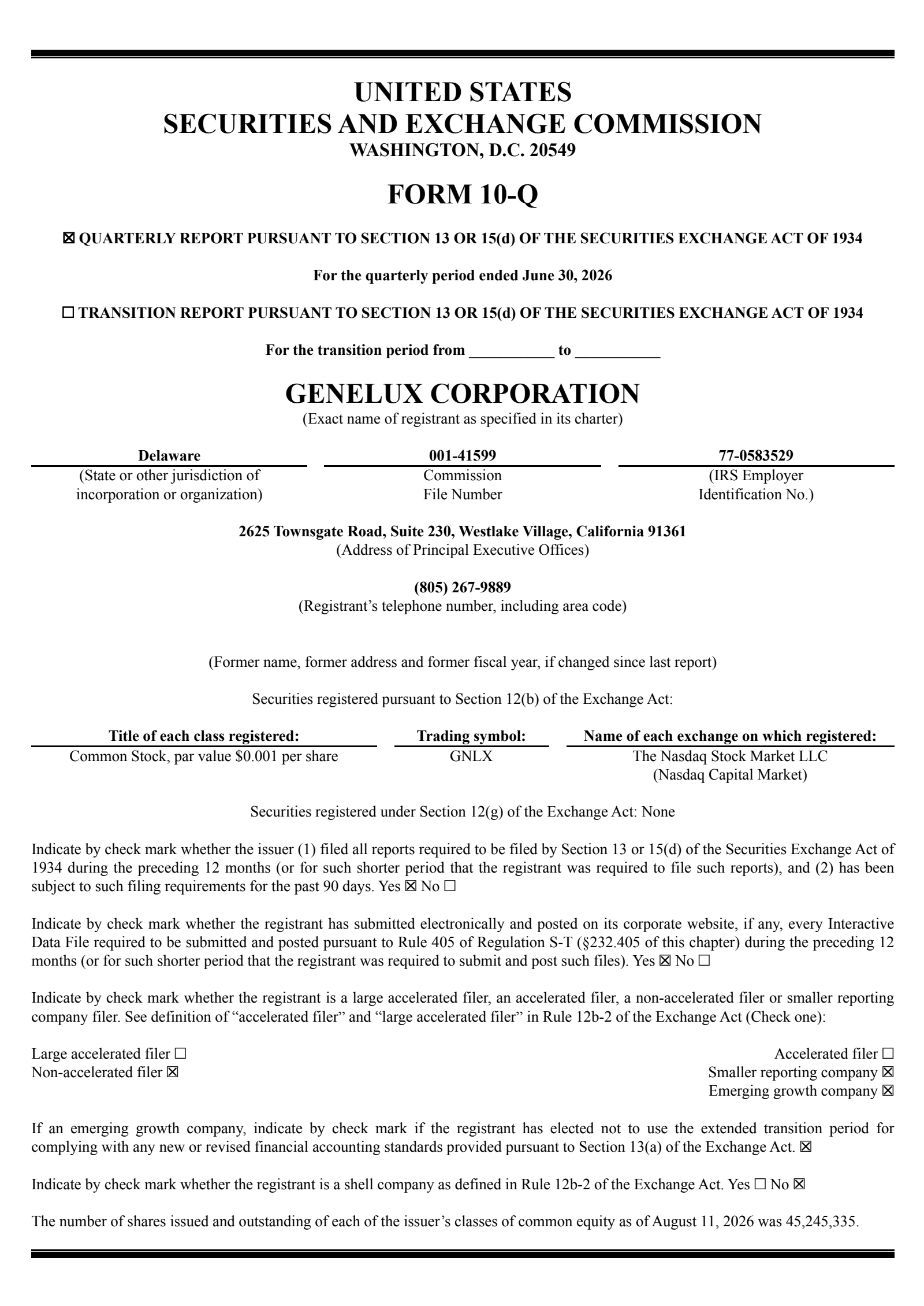 Genelux's Q2 2026 Quarterly report