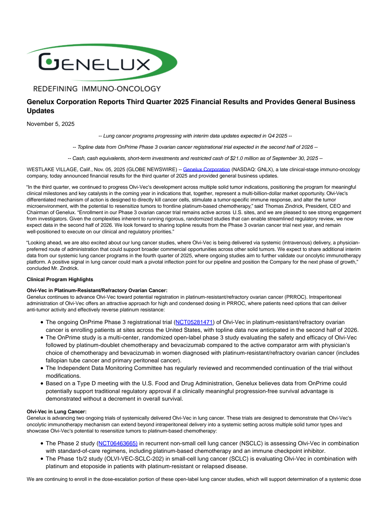 Genelux's Q3 2025 Press Release