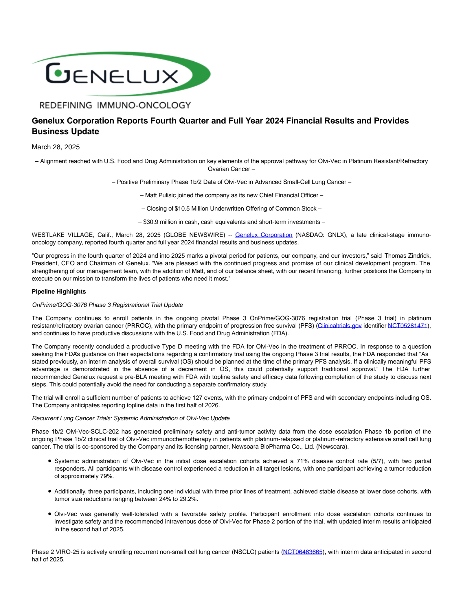 Genelux's Q4 2024 Press Release