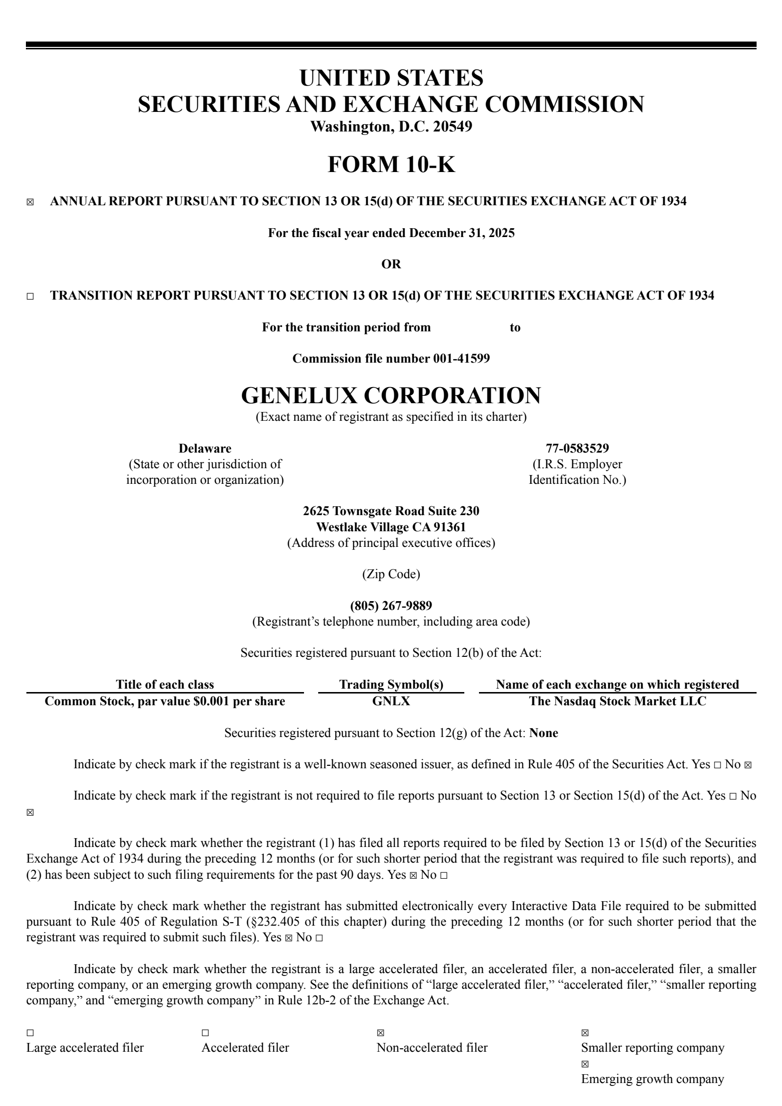 Genelux's Q4 2025 Annual report
