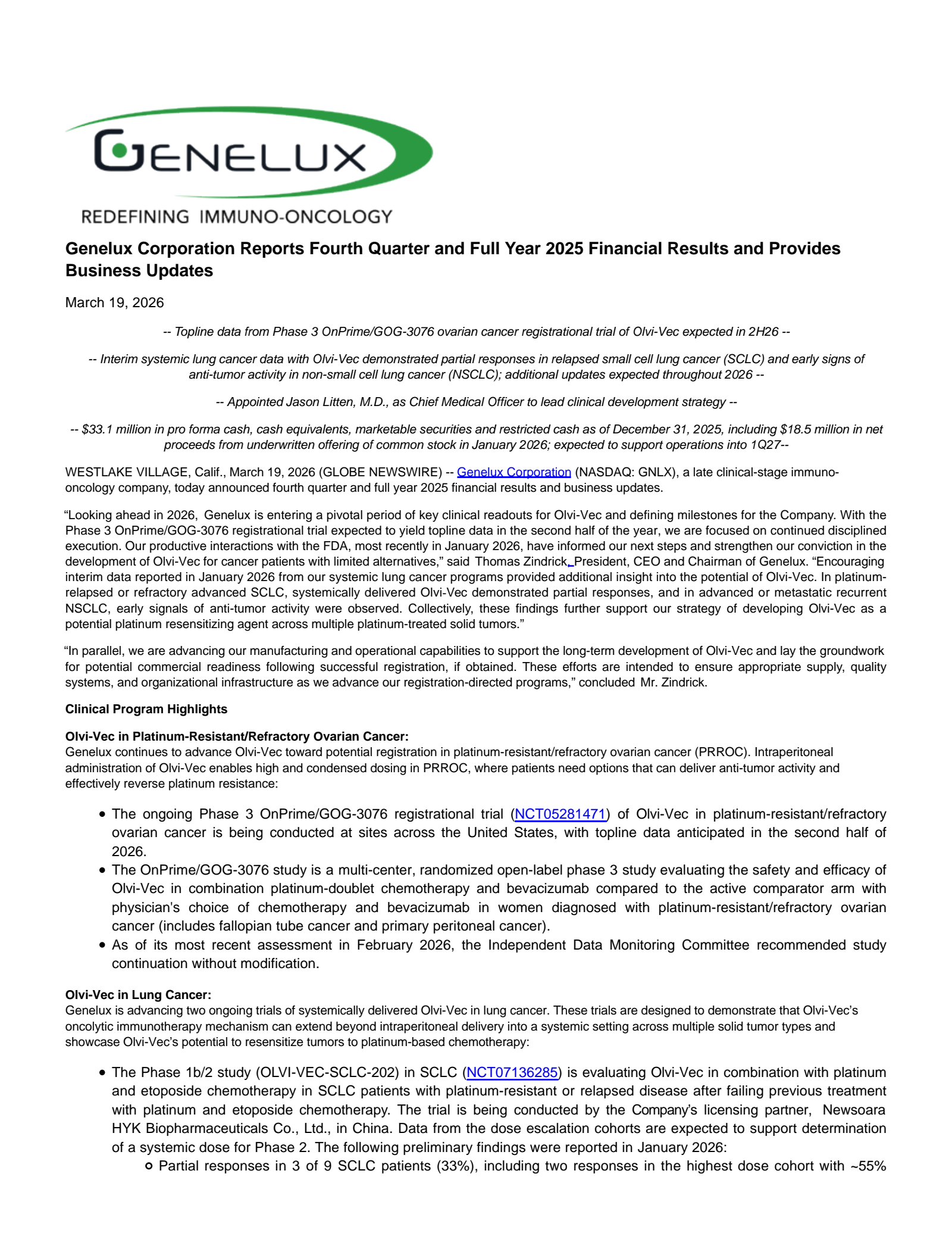 Genelux's Q4 2025 Press Release