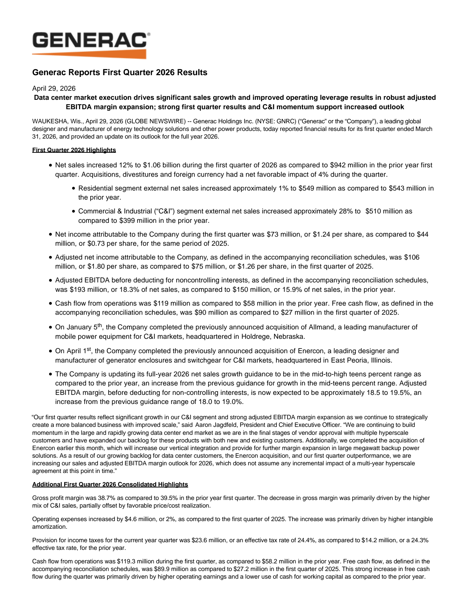 GNRC Q1 2026 Earnings Report on 4/29/2026
