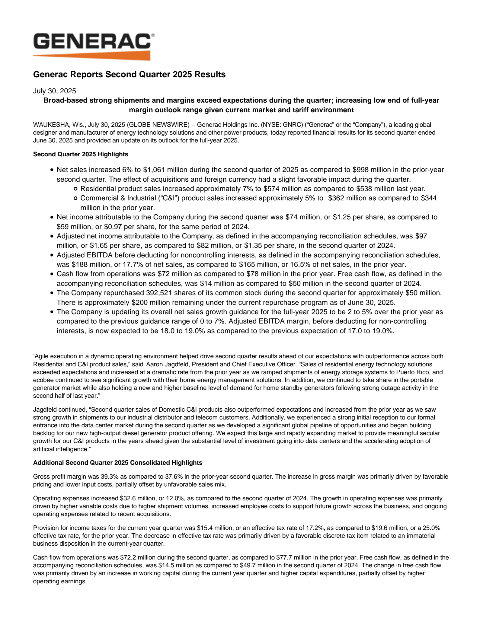 Generac's Q2 2025 Press Release