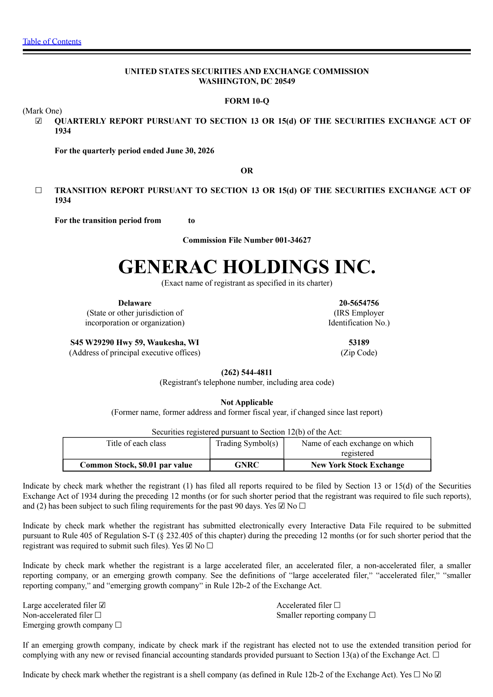 Generac's Q2 2026 Quarterly report