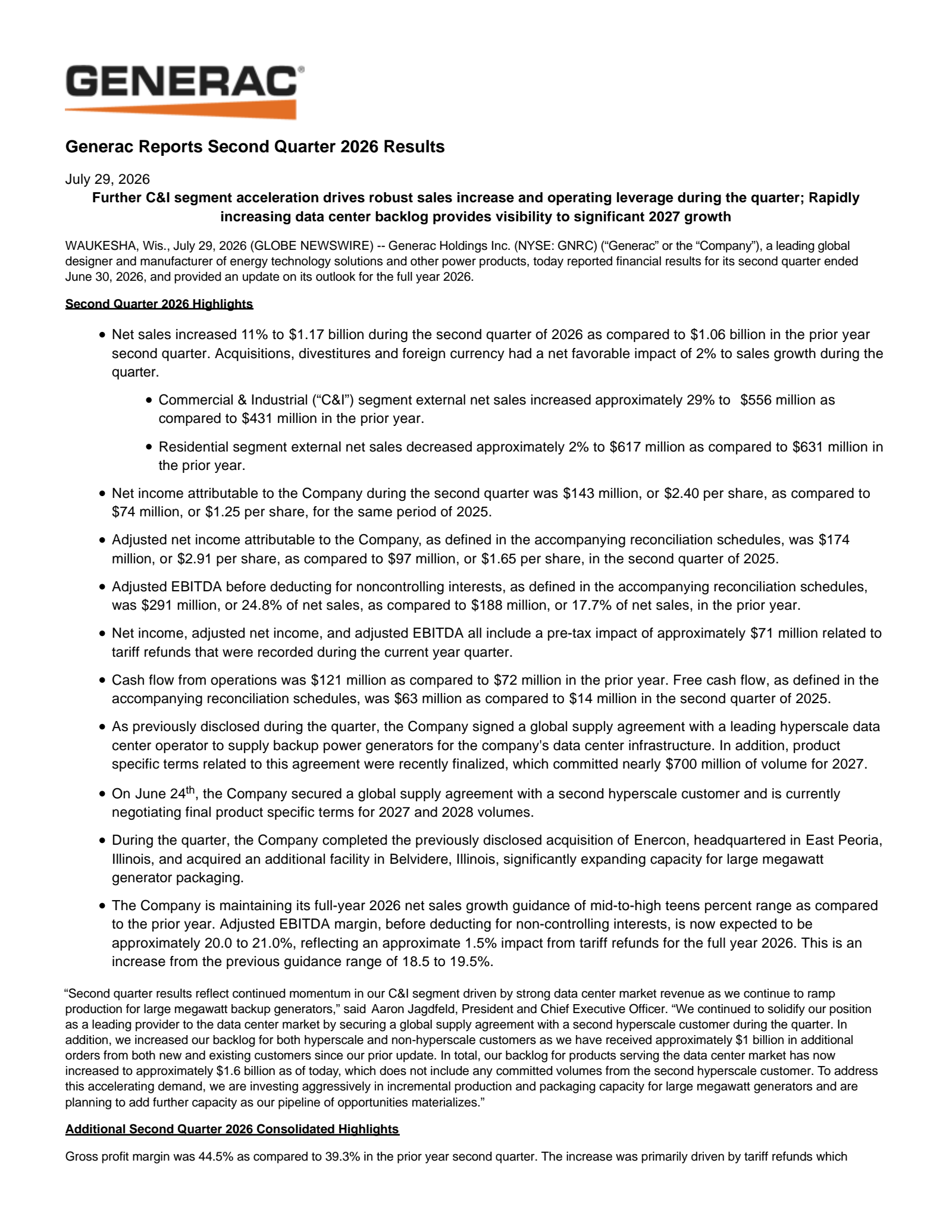 Generac's Q2 2026 Press Release