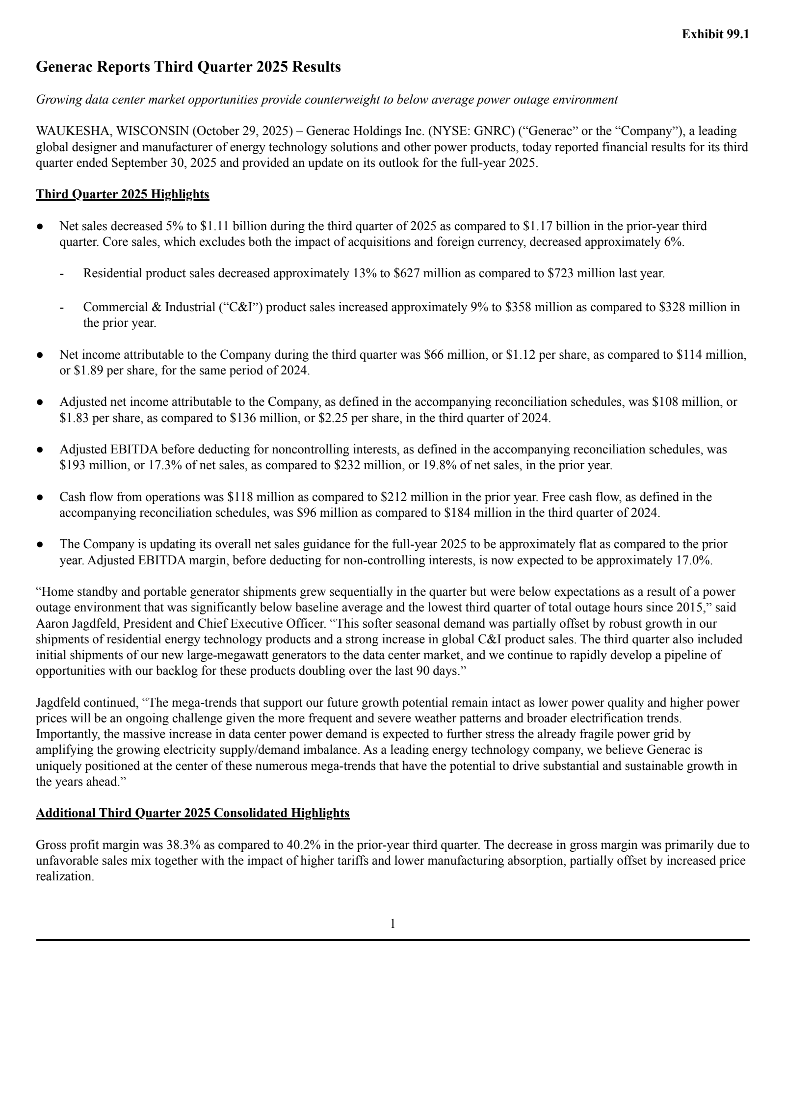 Generac's Q3 2025 Earnings Release