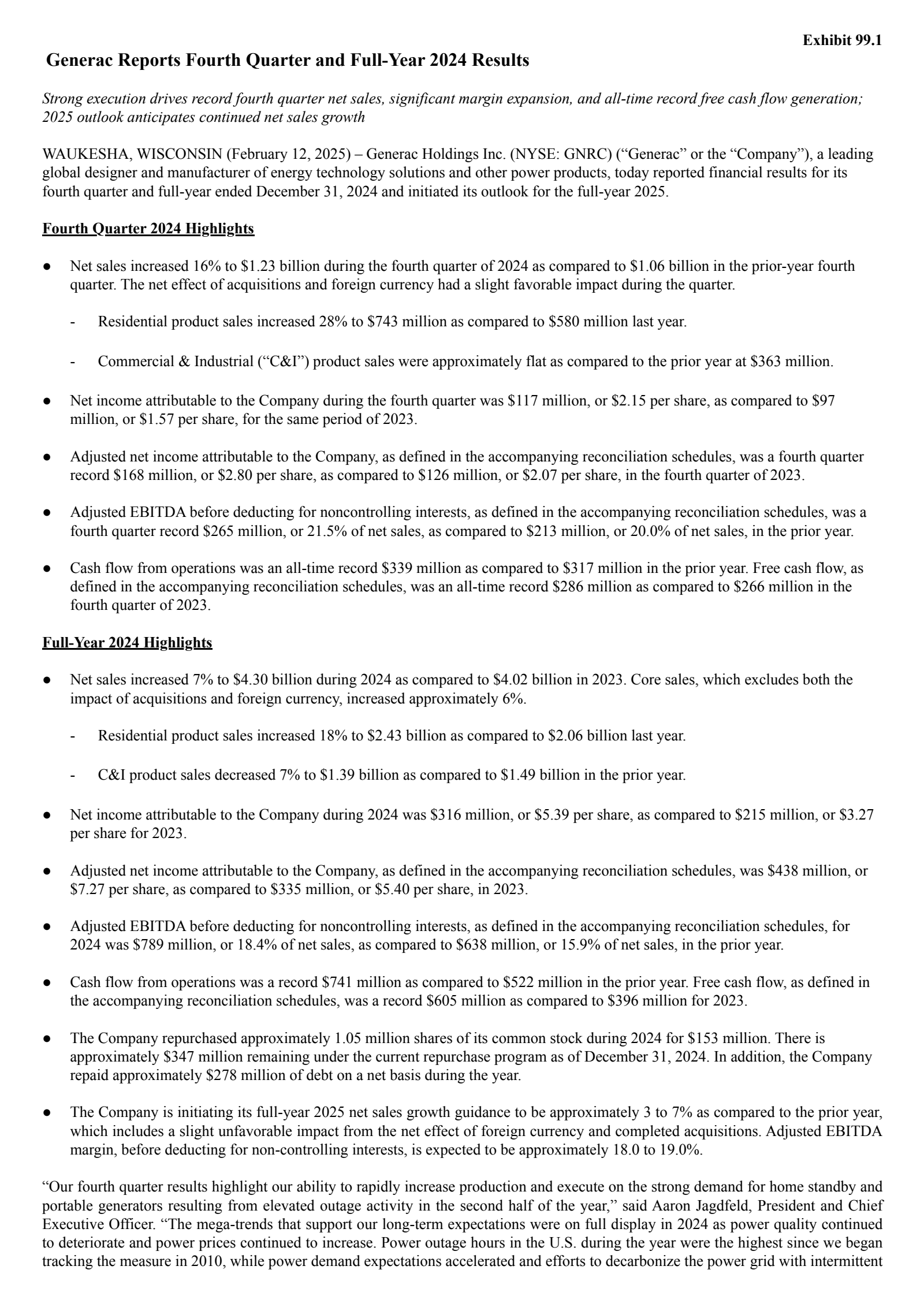 GNRC Q4 2024 Earnings Report on 2/12/2025