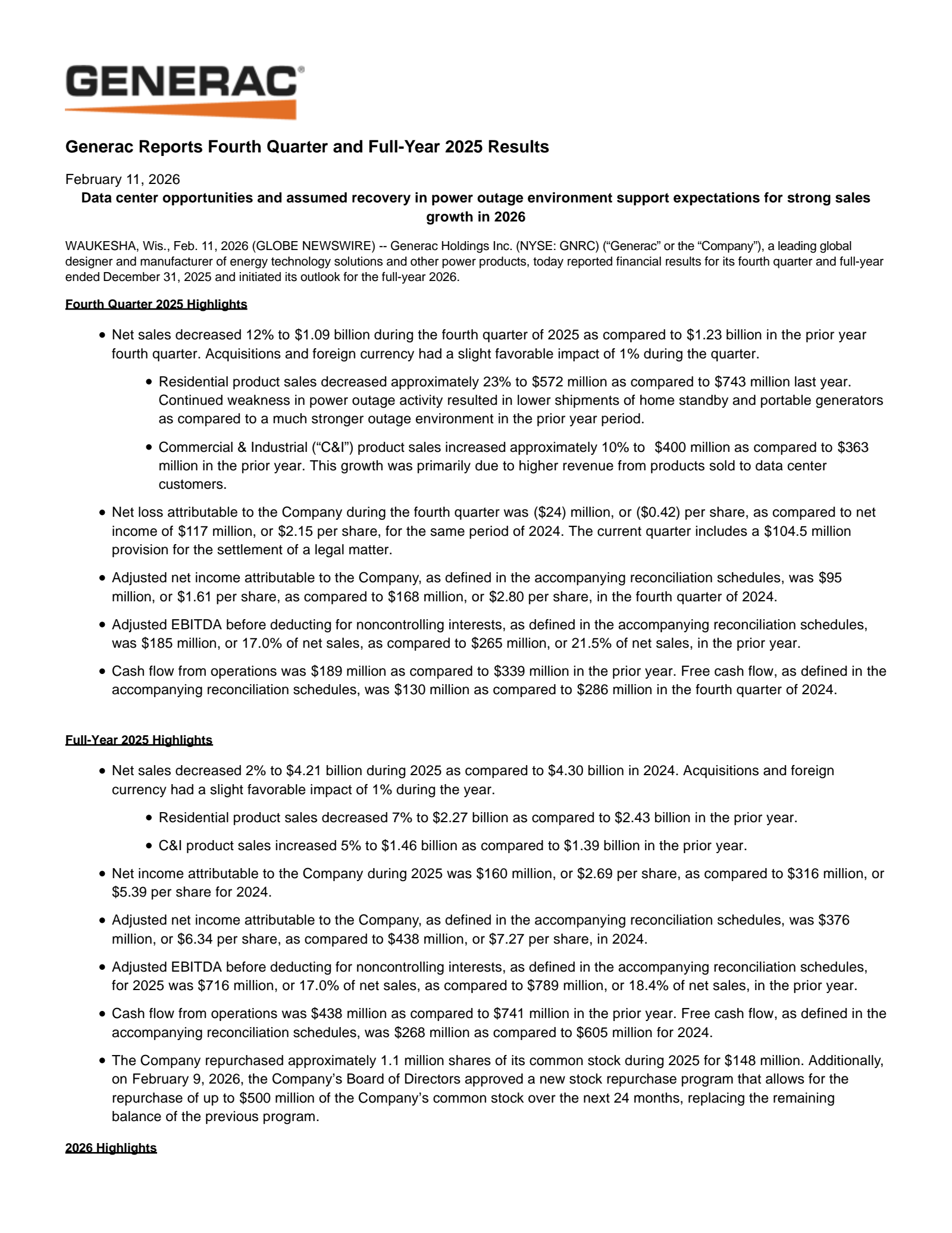Generac's Q4 2025 Press Release