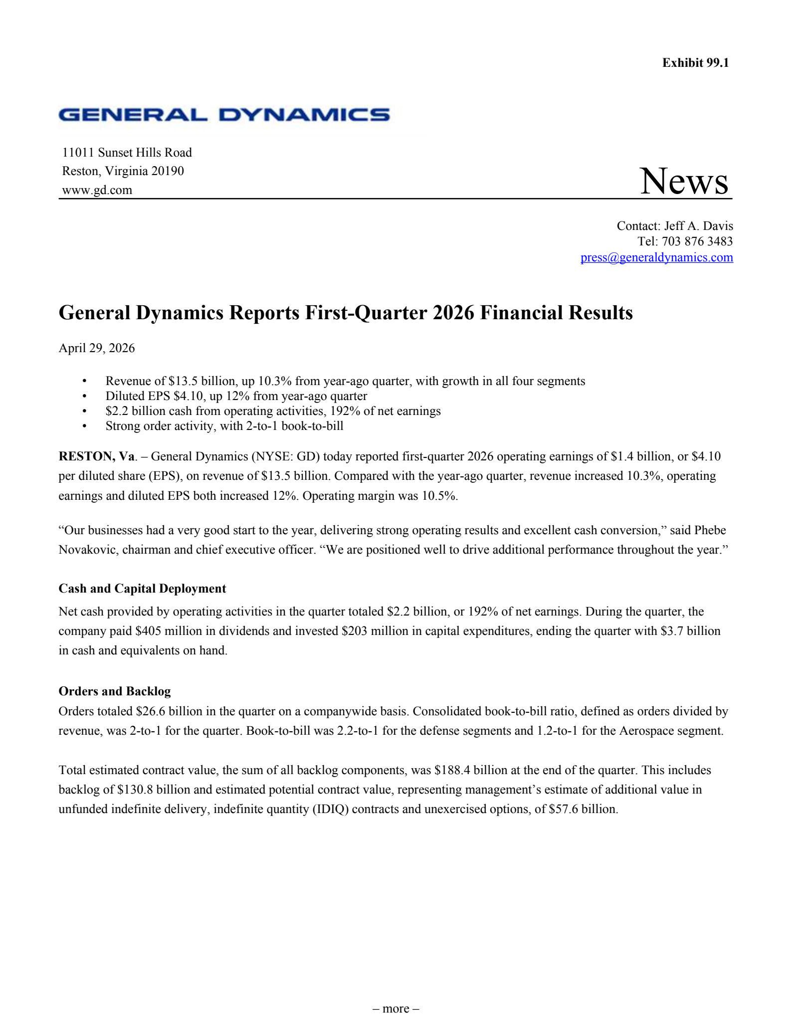 General Dynamics' Q1 2026 Press Release
