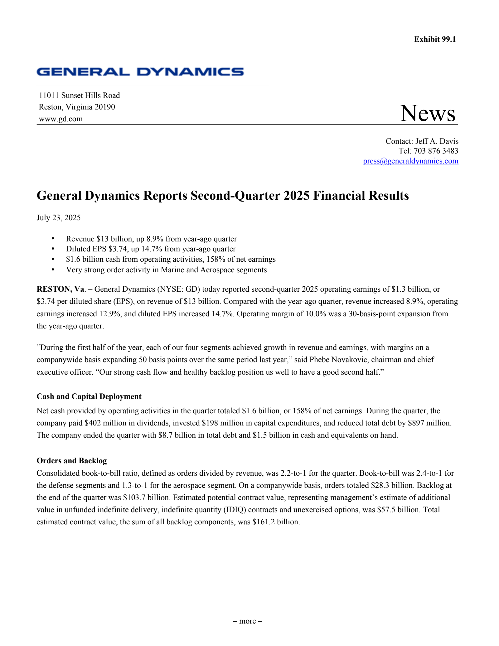 General Dynamics' Q2 2025 Press Release