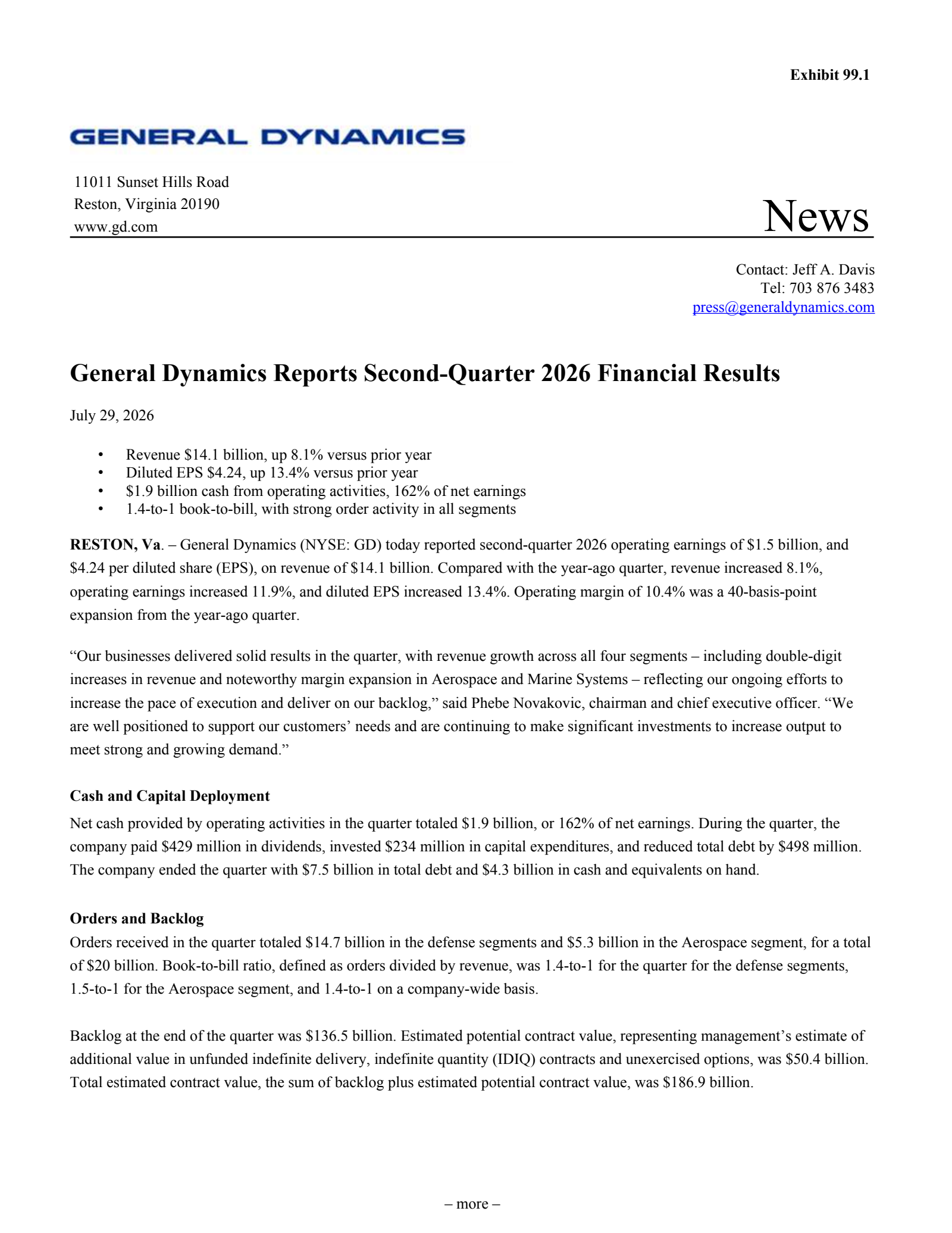 General Dynamics' Q2 2026 Press Release