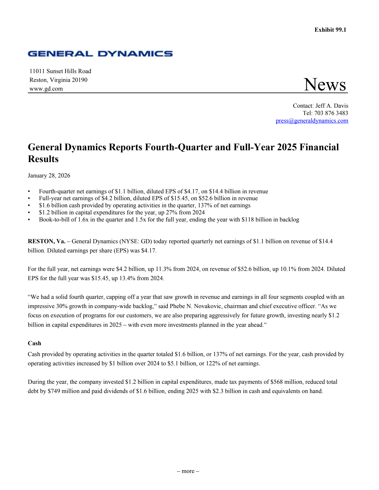 General Dynamics' Q4 2025 Press Release