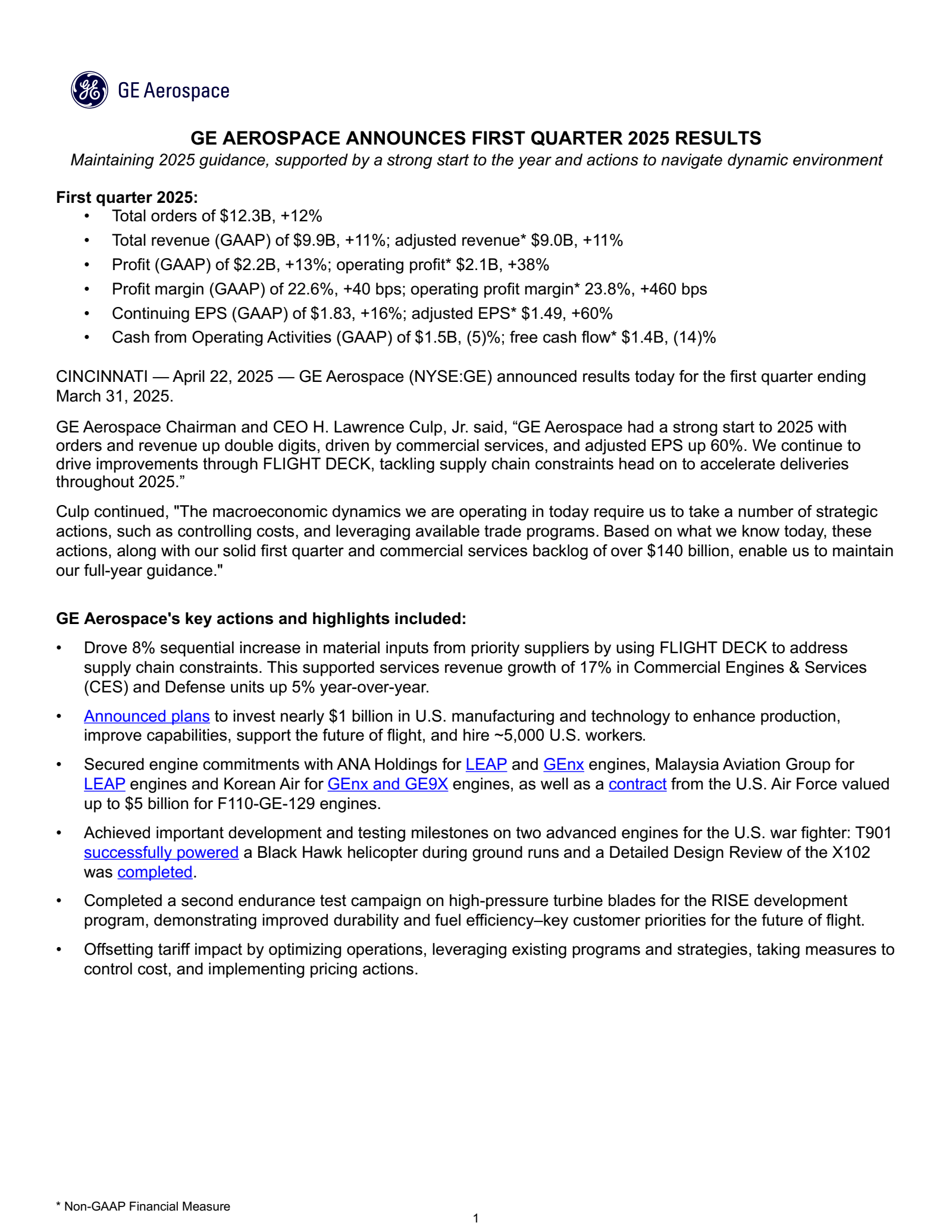 GE Aerospace's Q1 2025 Press Release
