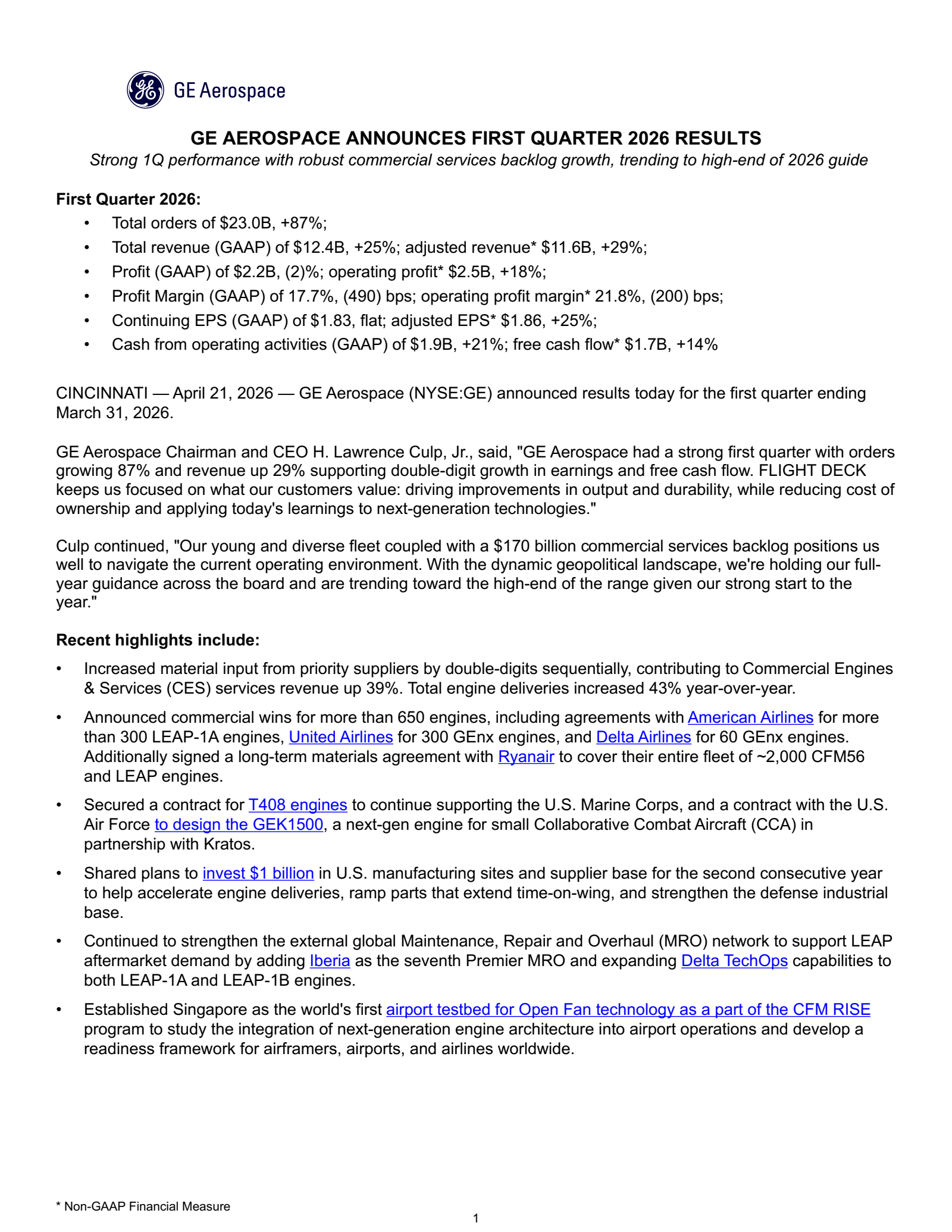 GE Aerospace's Q1 2026 Press Release