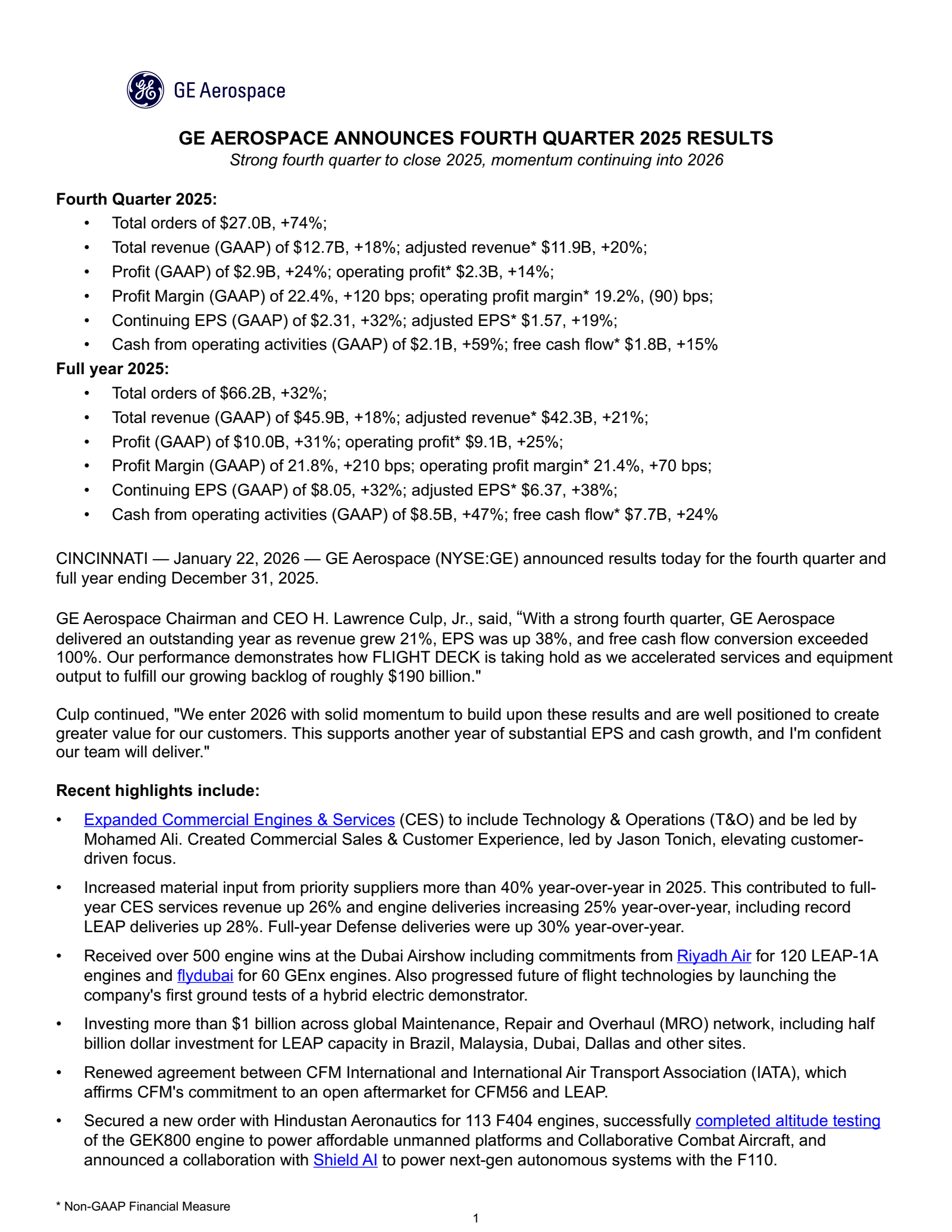GE Aerospace's Q4 2025 Press Release