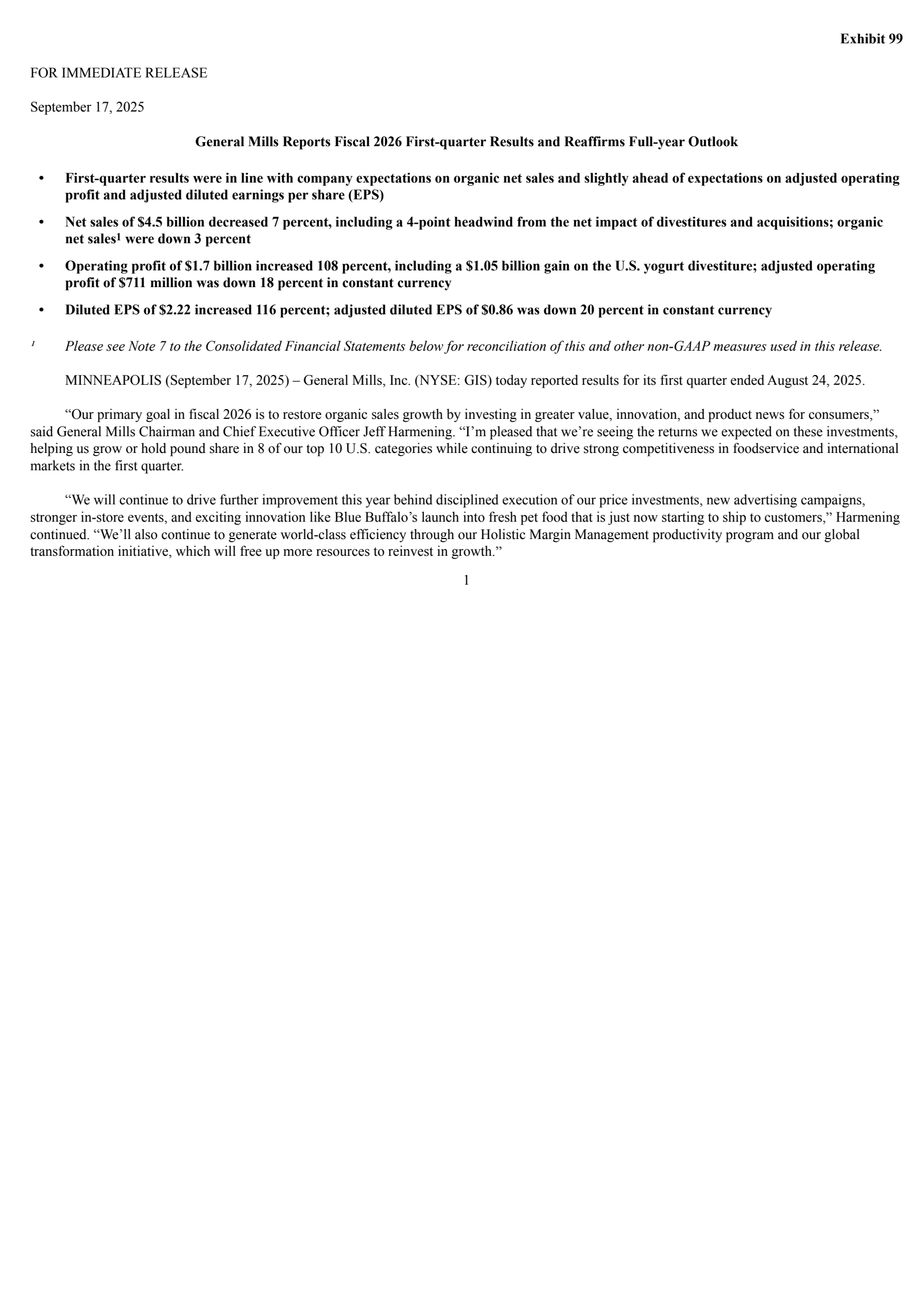General Mills' Q1 2026 Prepared Remarks Earnings Release