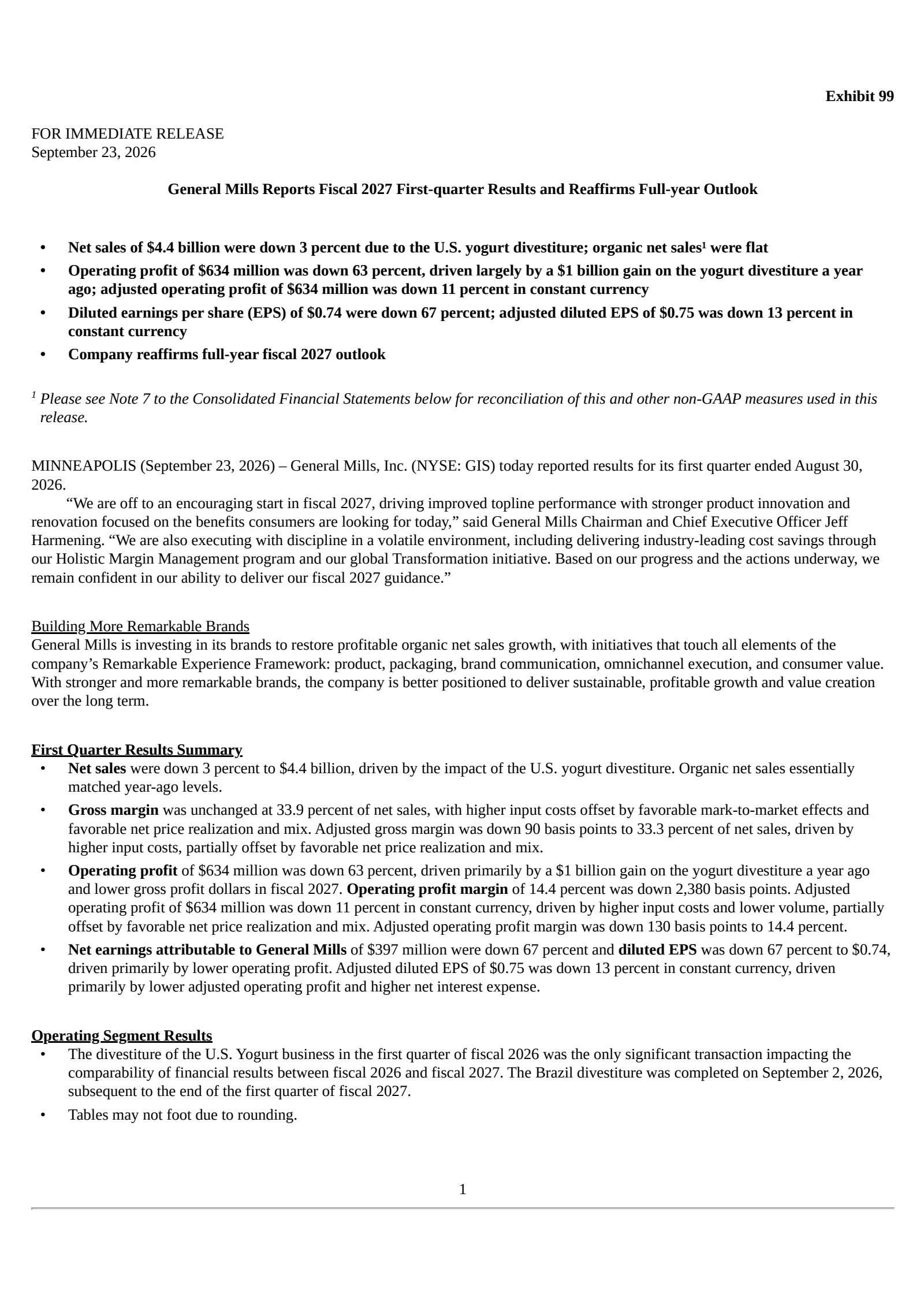 General Mills' Q1 2027 Prepared remarks Press Release