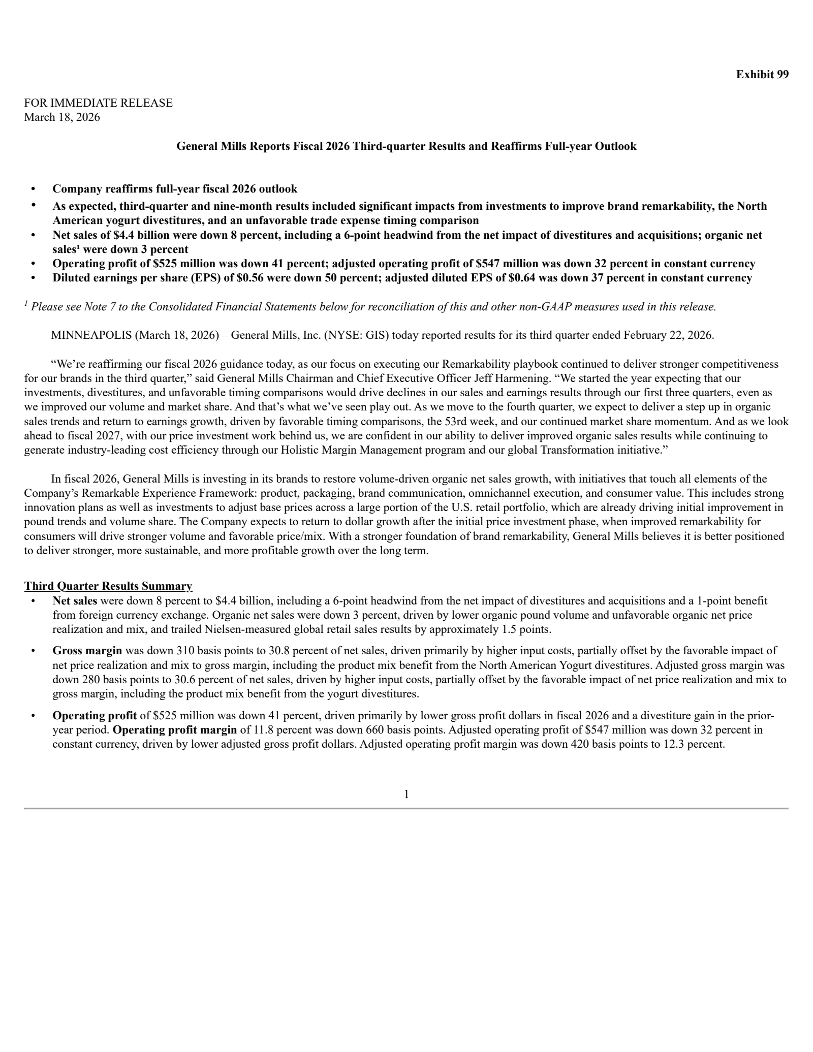 General Mills' Q3 2026 Prepared Remarks Press Release