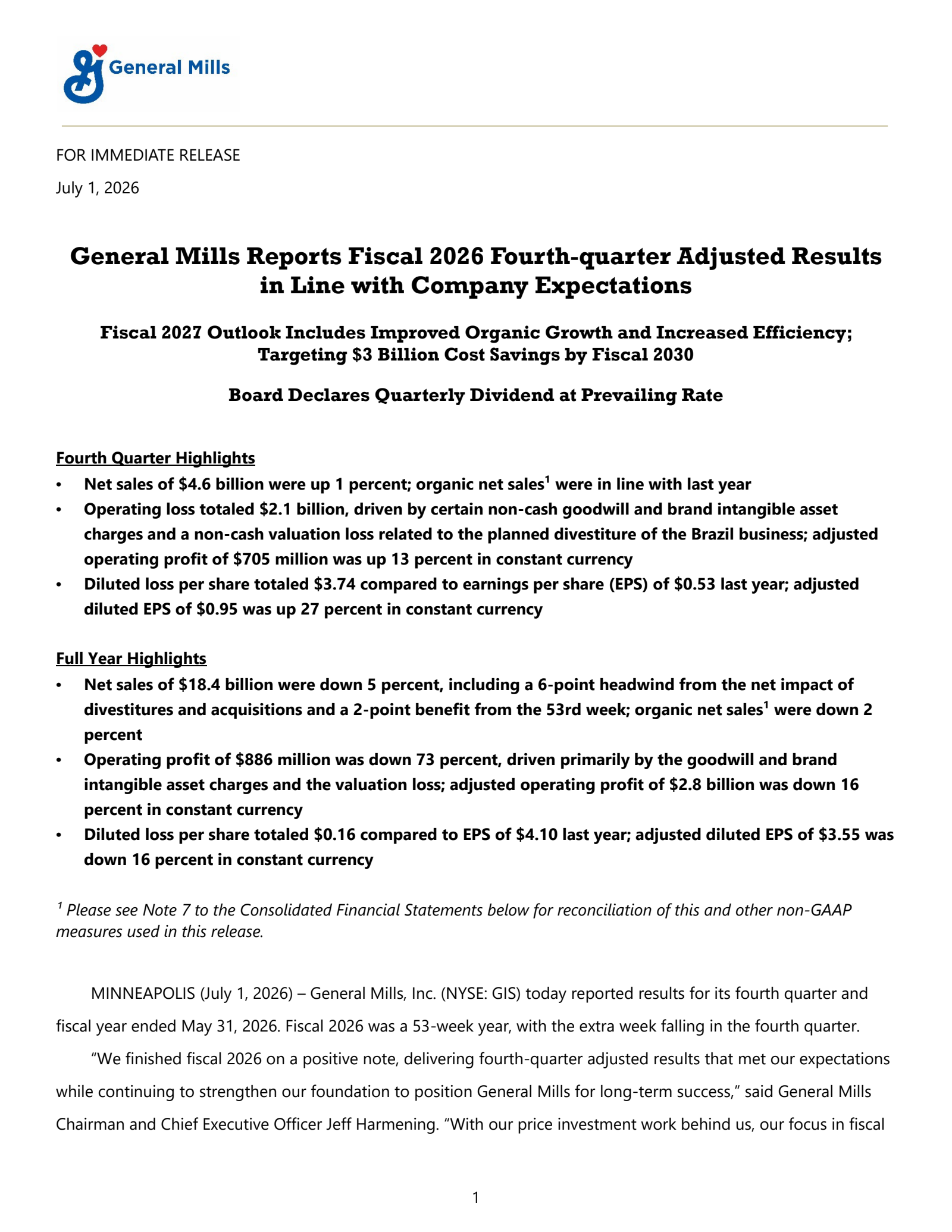 General Mills' Q4 2026 Prepared remarks Press Release