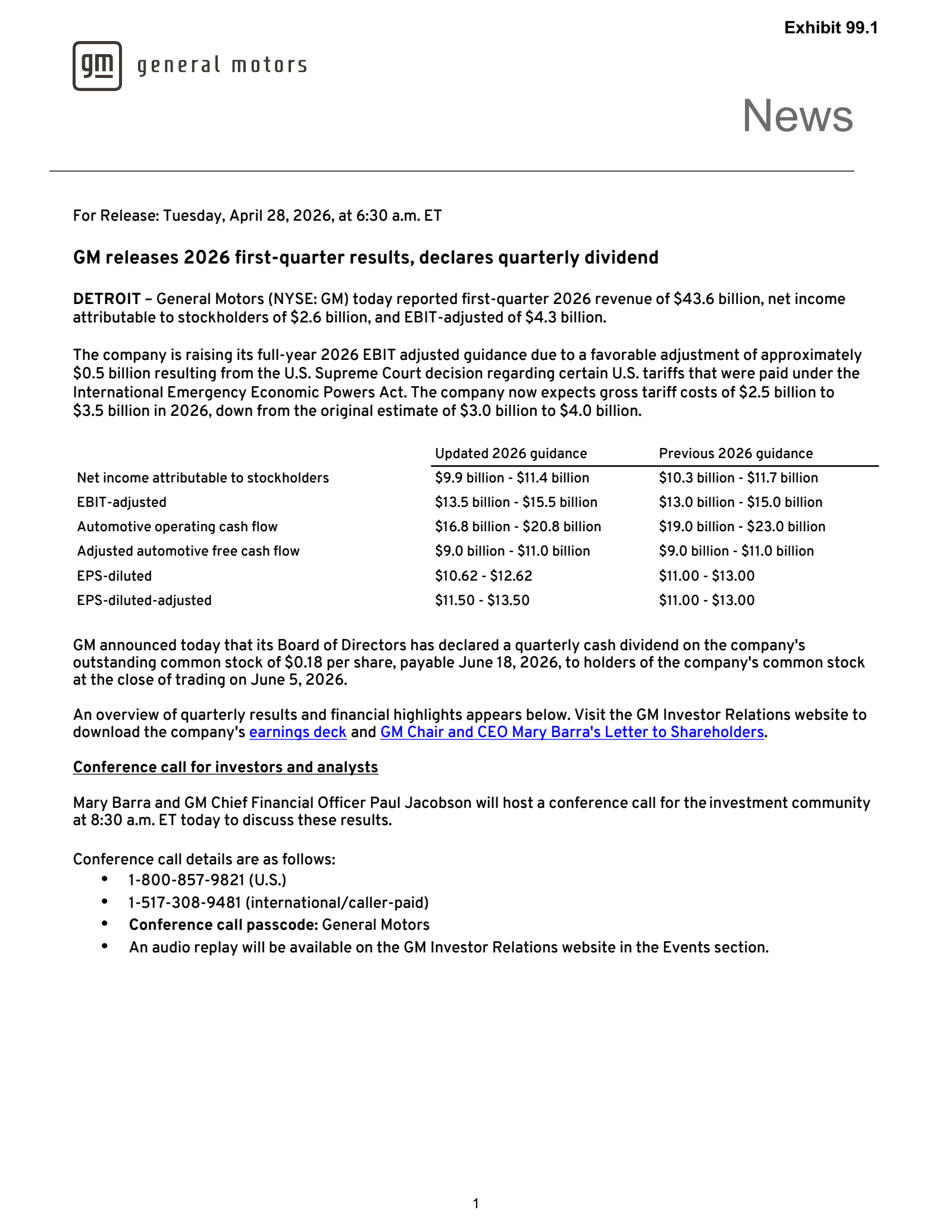 General Motors' Q1 2026 Press Release