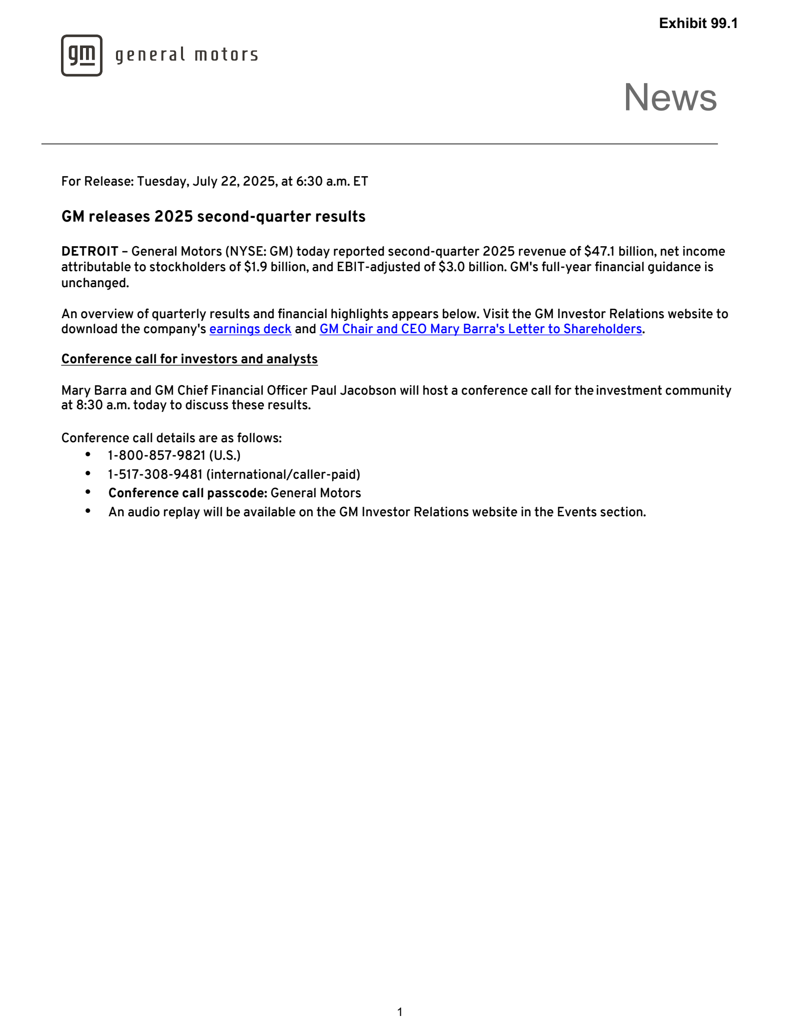 General Motors' Q2 2025 Press Release