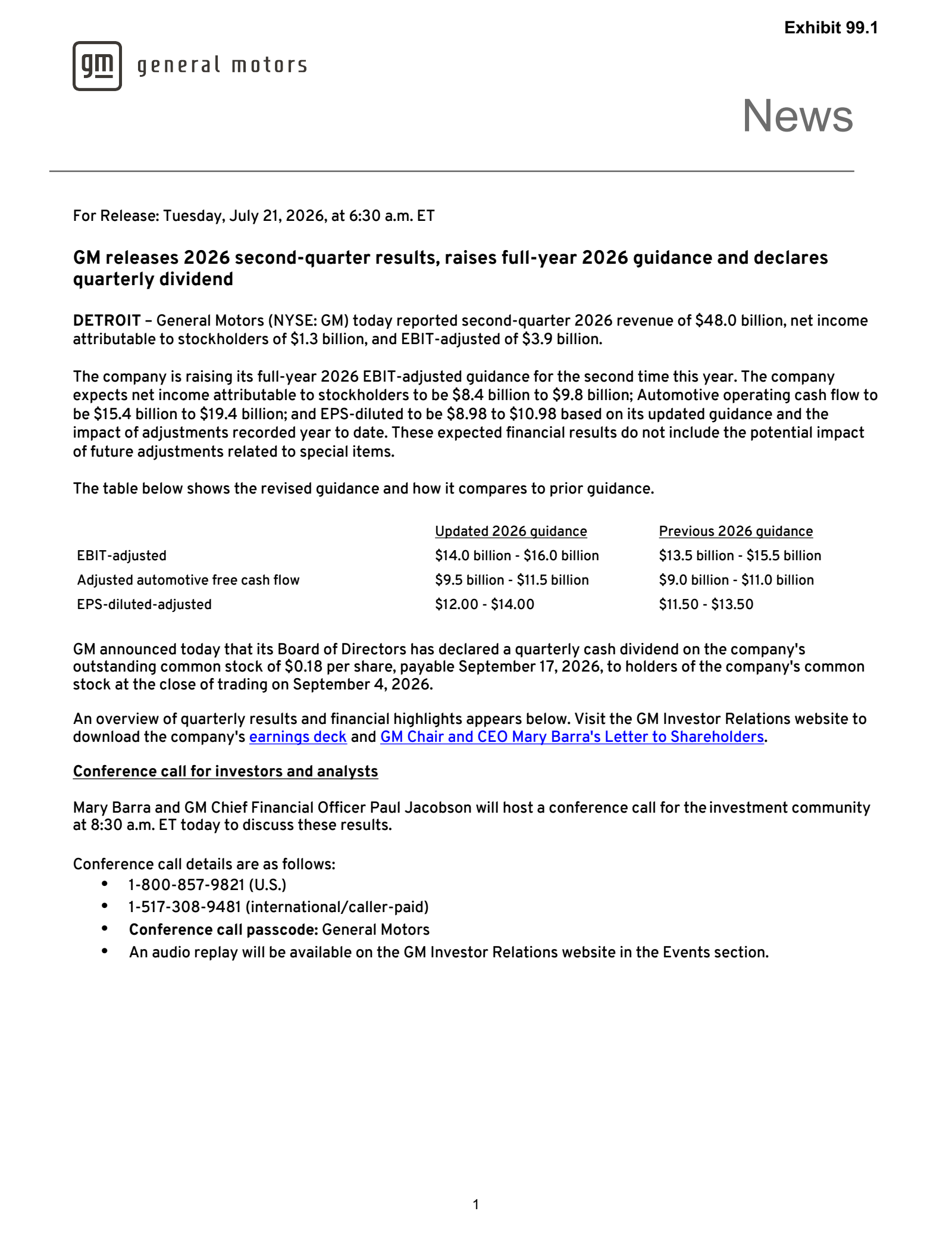 General Motors' Q2 2026 Press Release