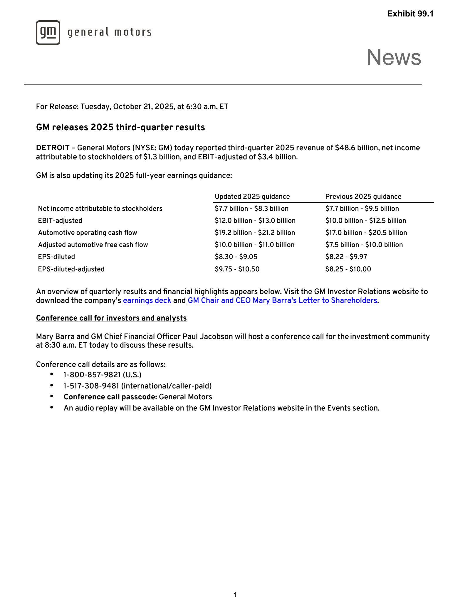 General Motors' Q3 2025 Earnings Release