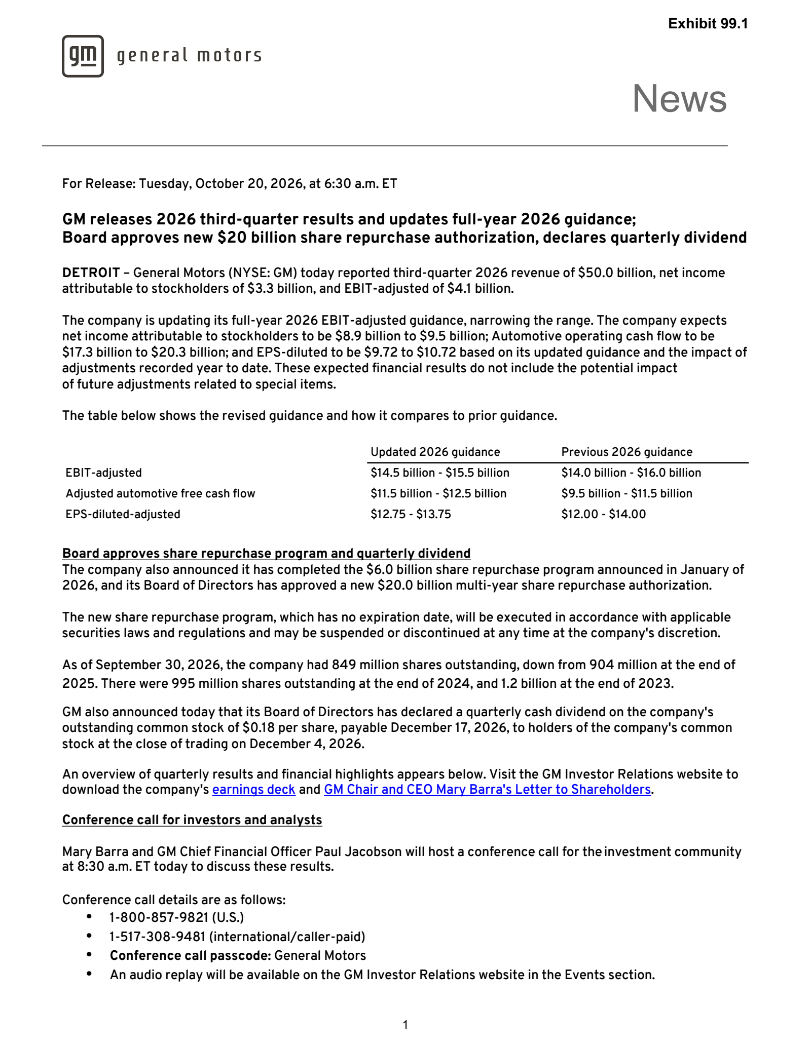 General Motors' Q3 2026 Press Release