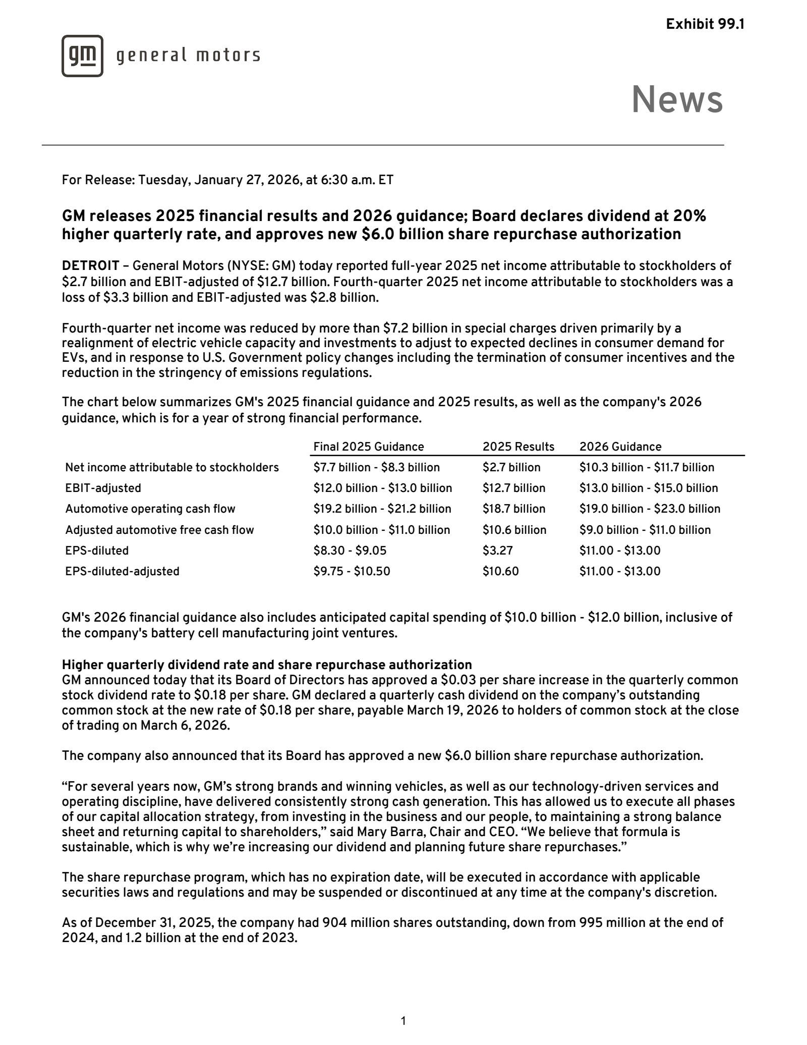 General Motors' Q4 2025 Press Release