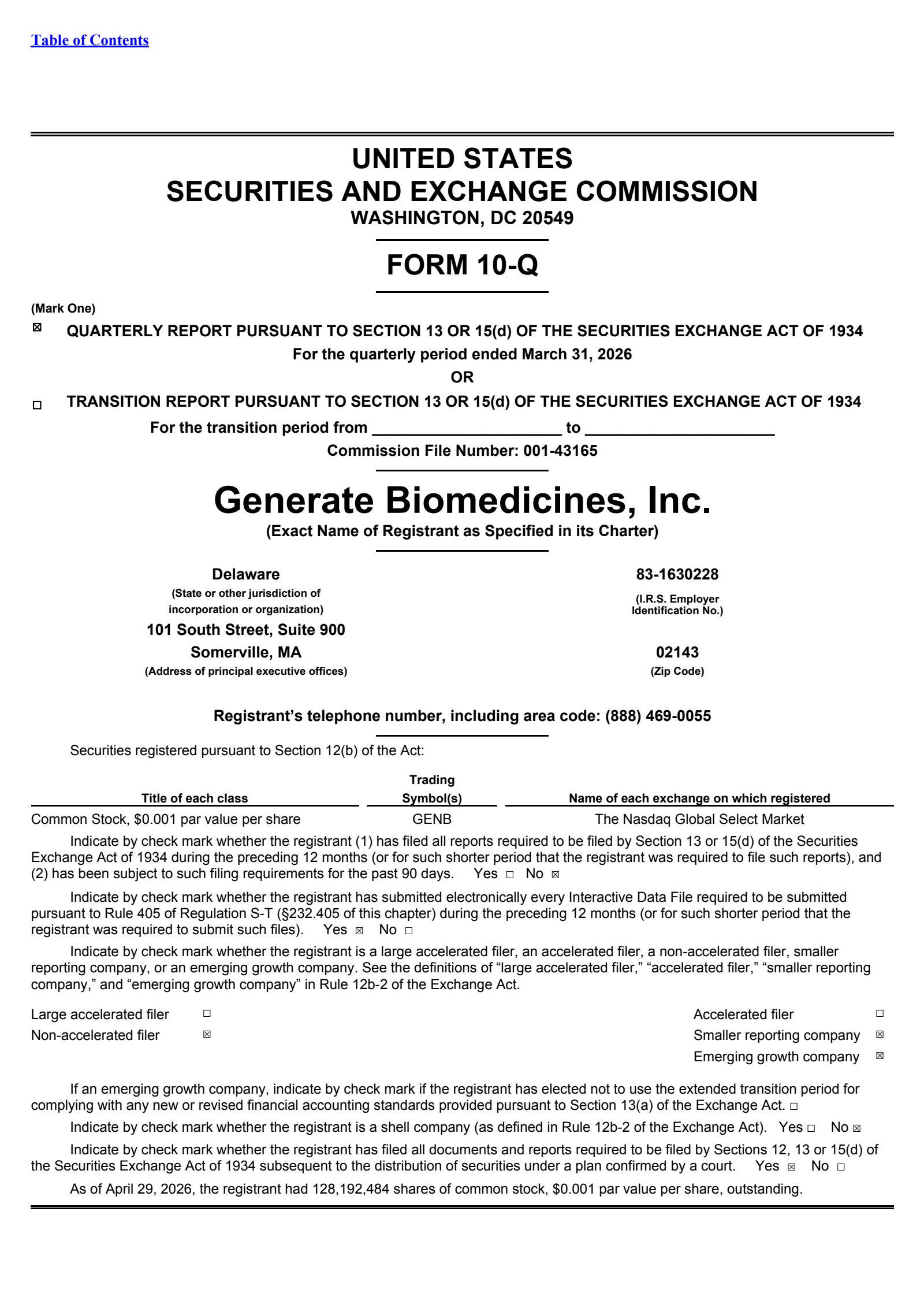 Generate Biomedicines' Q1 2026 Quarterly report