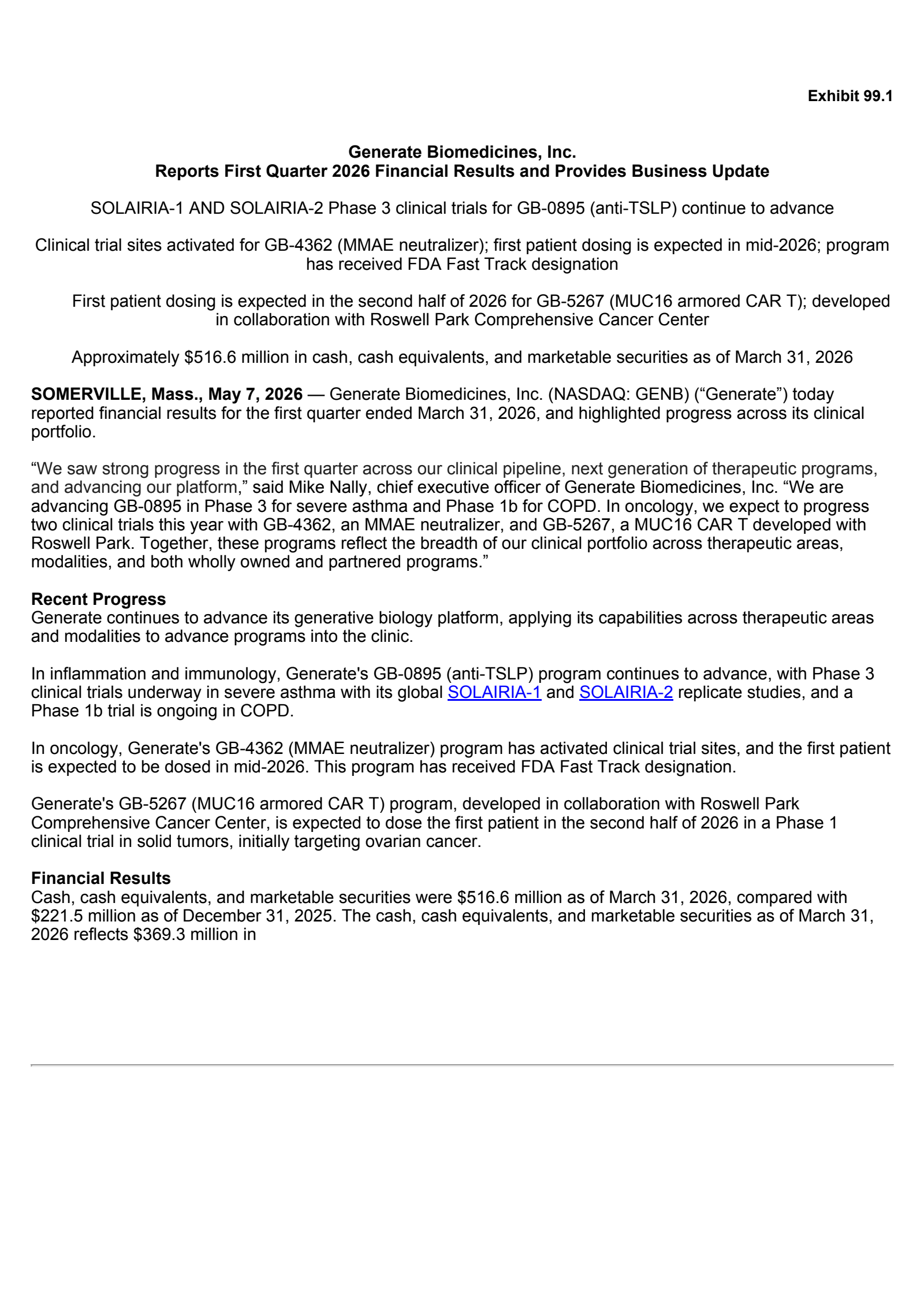 Generate Biomedicines' Q1 2026 Press Release