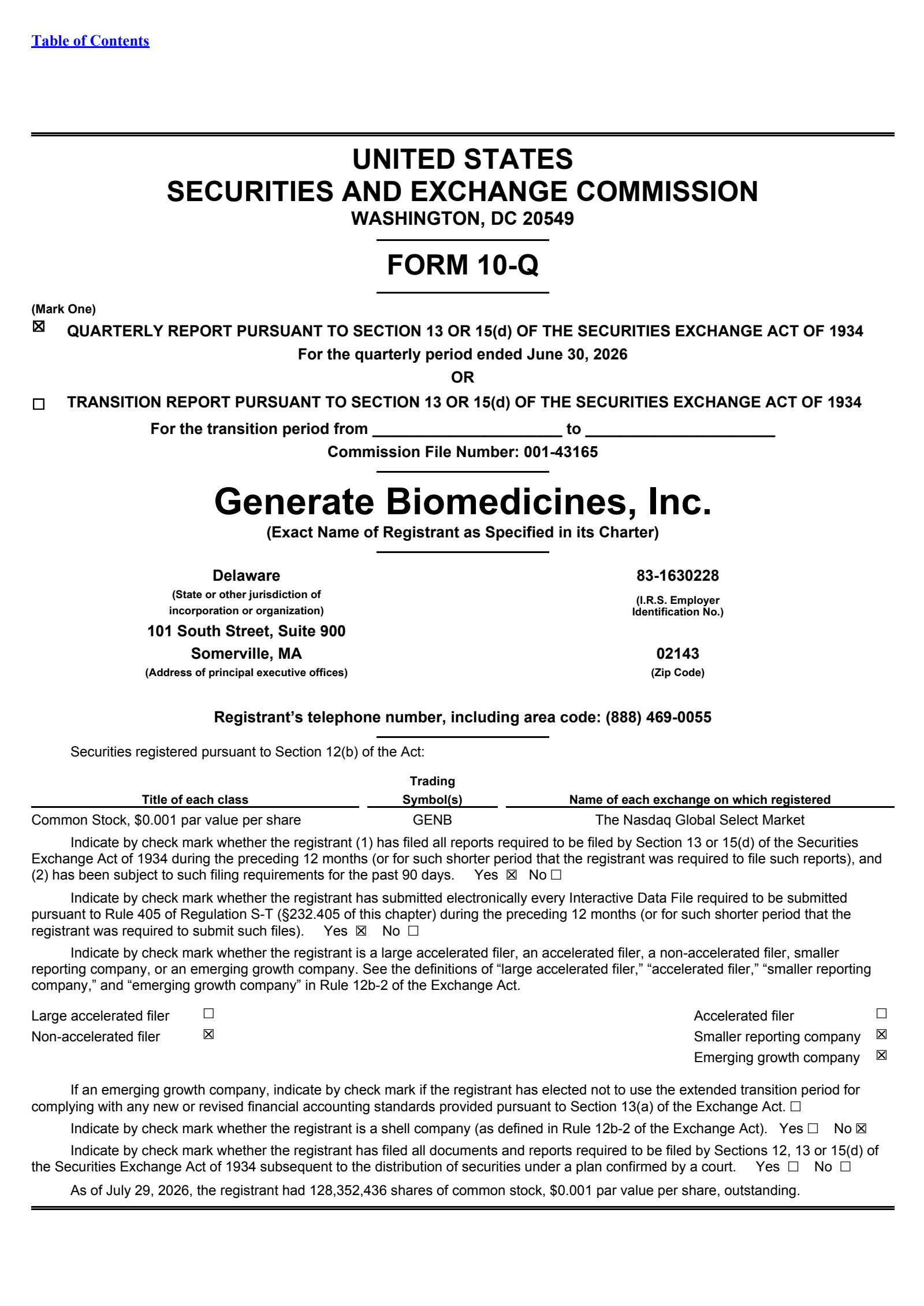 Generate Biomedicines' Q2 2026 Quarterly report